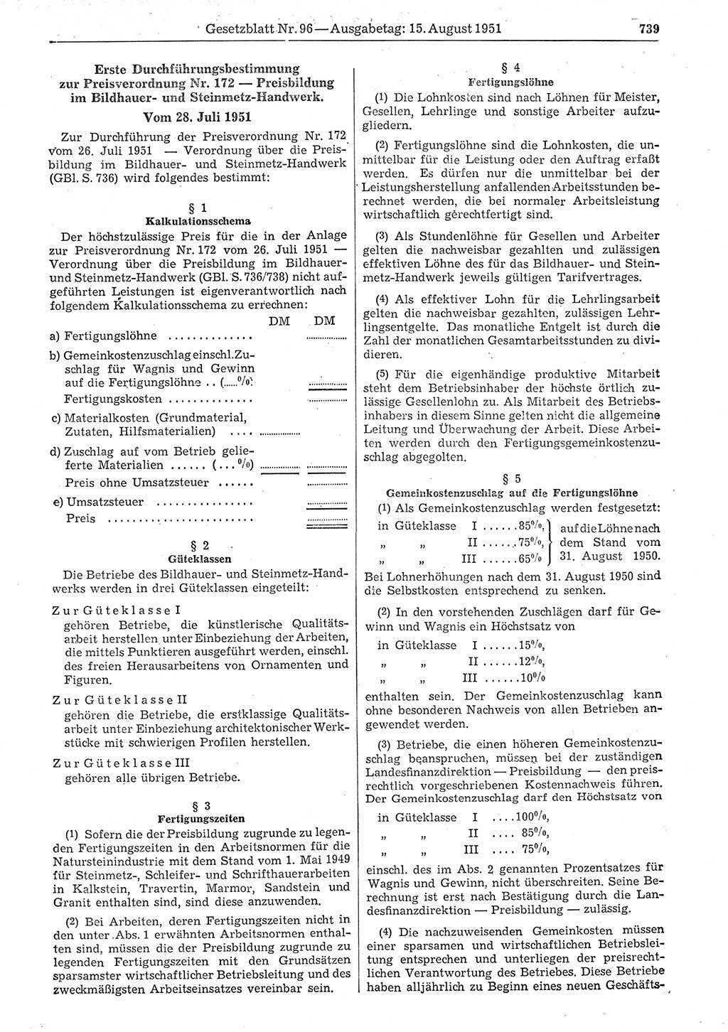 Gesetzblatt (GBl.) der Deutschen Demokratischen Republik (DDR) 1951, Seite 739 (GBl. DDR 1951, S. 739)