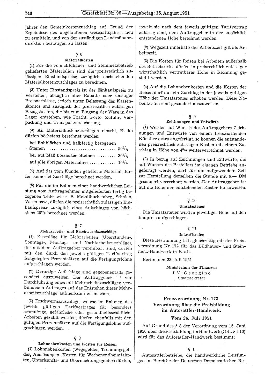 Gesetzblatt (GBl.) der Deutschen Demokratischen Republik (DDR) 1951, Seite 740 (GBl. DDR 1951, S. 740)