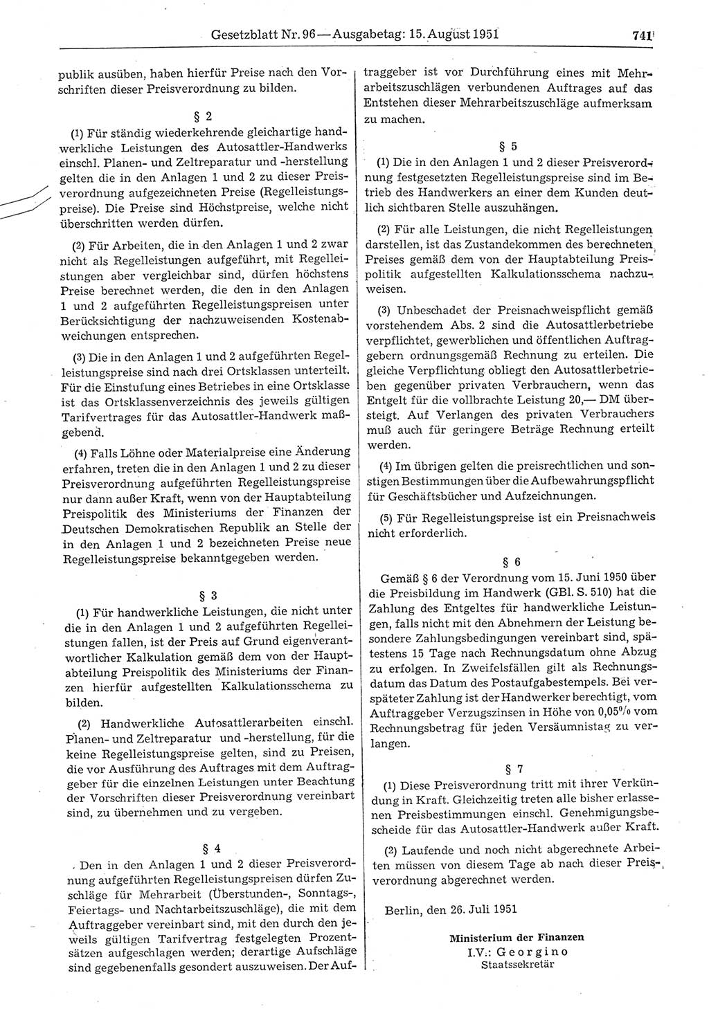 Gesetzblatt (GBl.) der Deutschen Demokratischen Republik (DDR) 1951, Seite 741 (GBl. DDR 1951, S. 741)