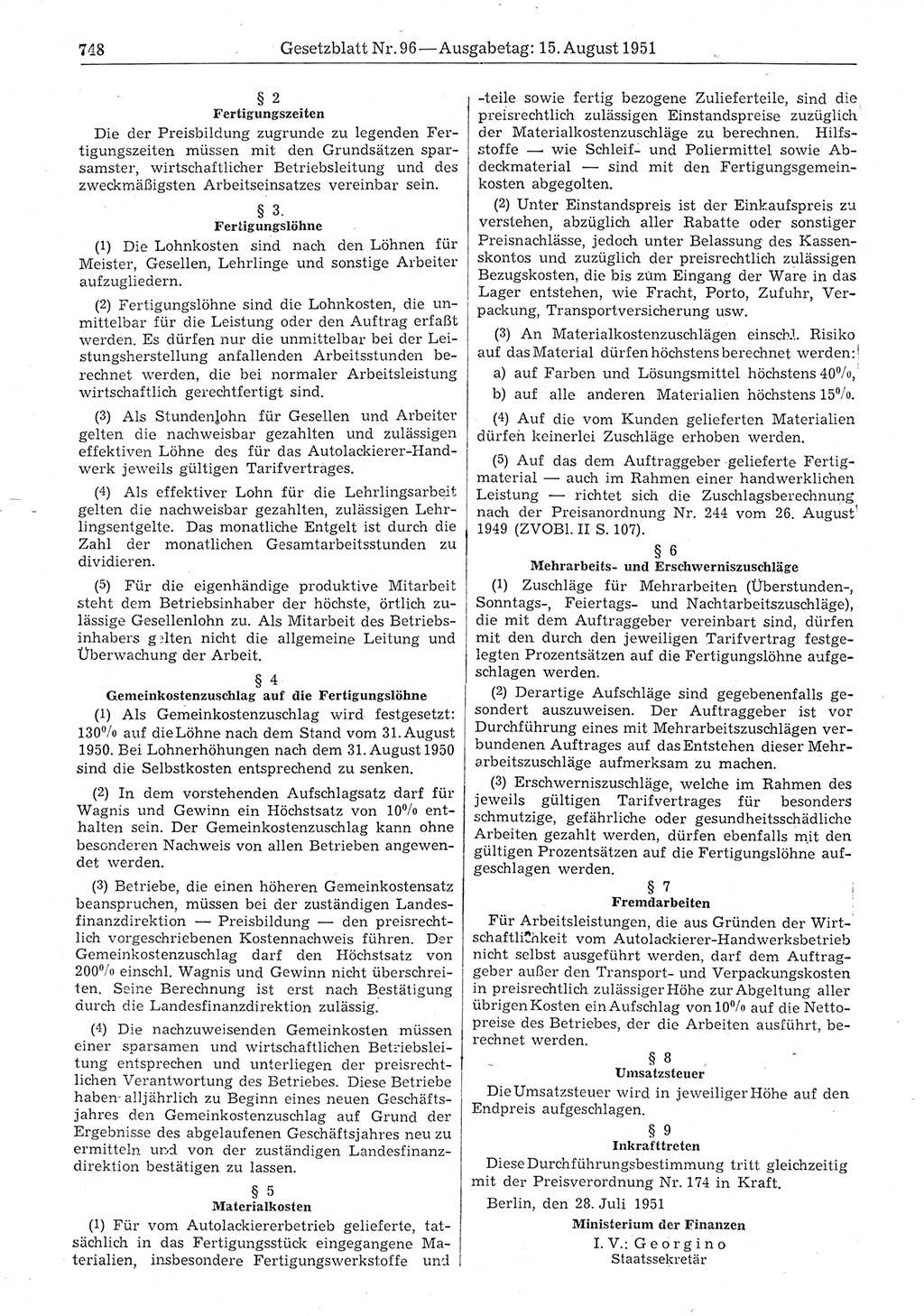 Gesetzblatt (GBl.) der Deutschen Demokratischen Republik (DDR) 1951, Seite 748 (GBl. DDR 1951, S. 748)