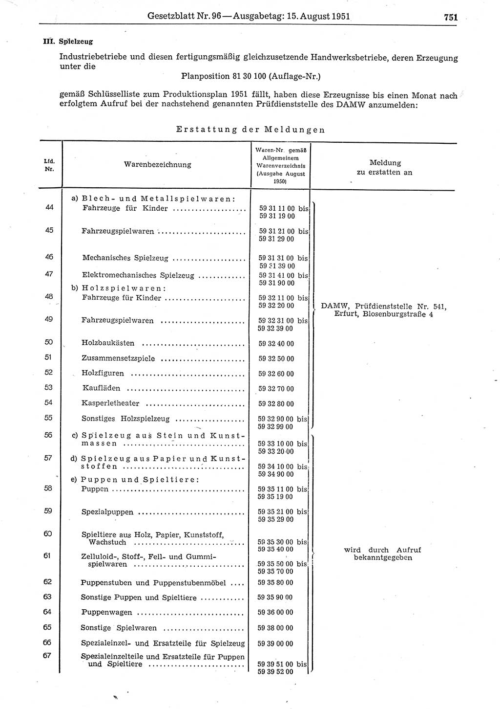 Gesetzblatt (GBl.) der Deutschen Demokratischen Republik (DDR) 1951, Seite 751 (GBl. DDR 1951, S. 751)