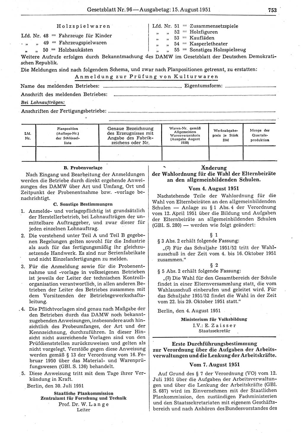 Gesetzblatt (GBl.) der Deutschen Demokratischen Republik (DDR) 1951, Seite 753 (GBl. DDR 1951, S. 753)