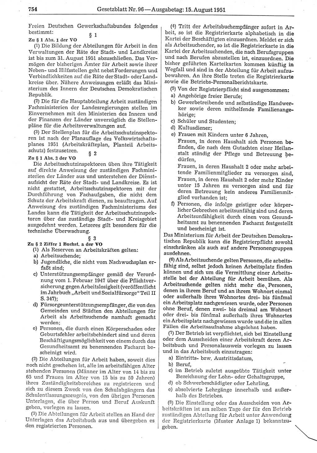 Gesetzblatt (GBl.) der Deutschen Demokratischen Republik (DDR) 1951, Seite 754 (GBl. DDR 1951, S. 754)