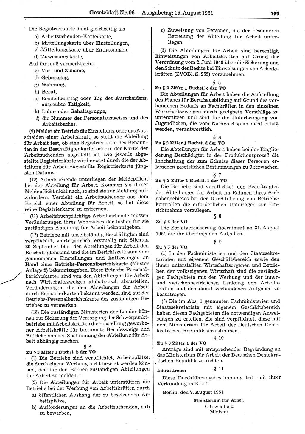 Gesetzblatt (GBl.) der Deutschen Demokratischen Republik (DDR) 1951, Seite 755 (GBl. DDR 1951, S. 755)