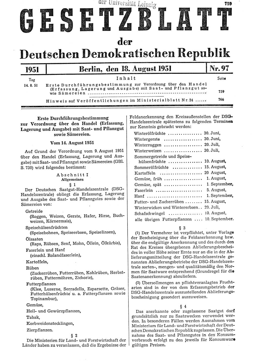 Gesetzblatt (GBl.) der Deutschen Demokratischen Republik (DDR) 1951, Seite 759 (GBl. DDR 1951, S. 759)
