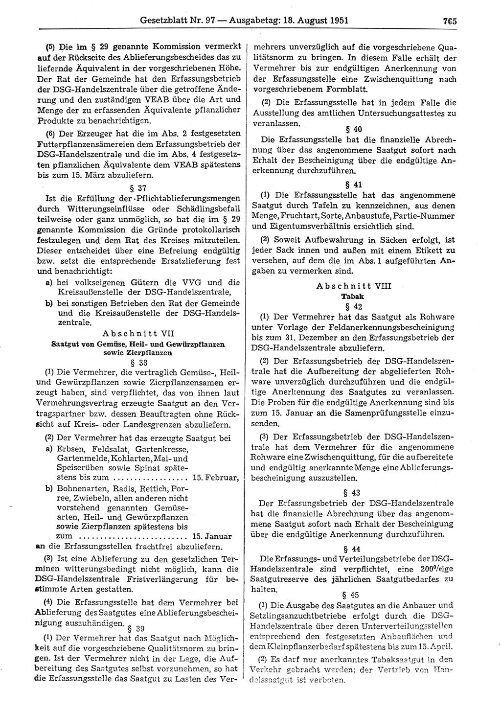 Gesetzblatt (GBl.) der Deutschen Demokratischen Republik (DDR) 1951, Seite 765 (GBl. DDR 1951, S. 765)