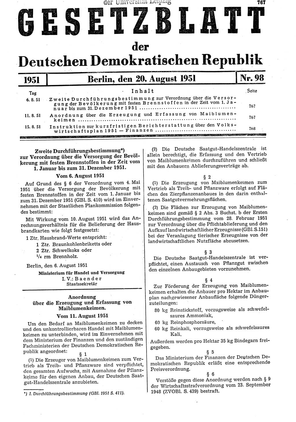 Gesetzblatt (GBl.) der Deutschen Demokratischen Republik (DDR) 1951, Seite 767 (GBl. DDR 1951, S. 767)