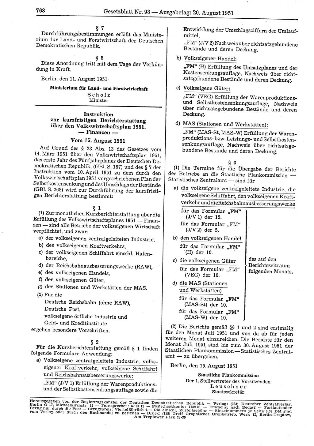 Gesetzblatt (GBl.) der Deutschen Demokratischen Republik (DDR) 1951, Seite 768 (GBl. DDR 1951, S. 768)