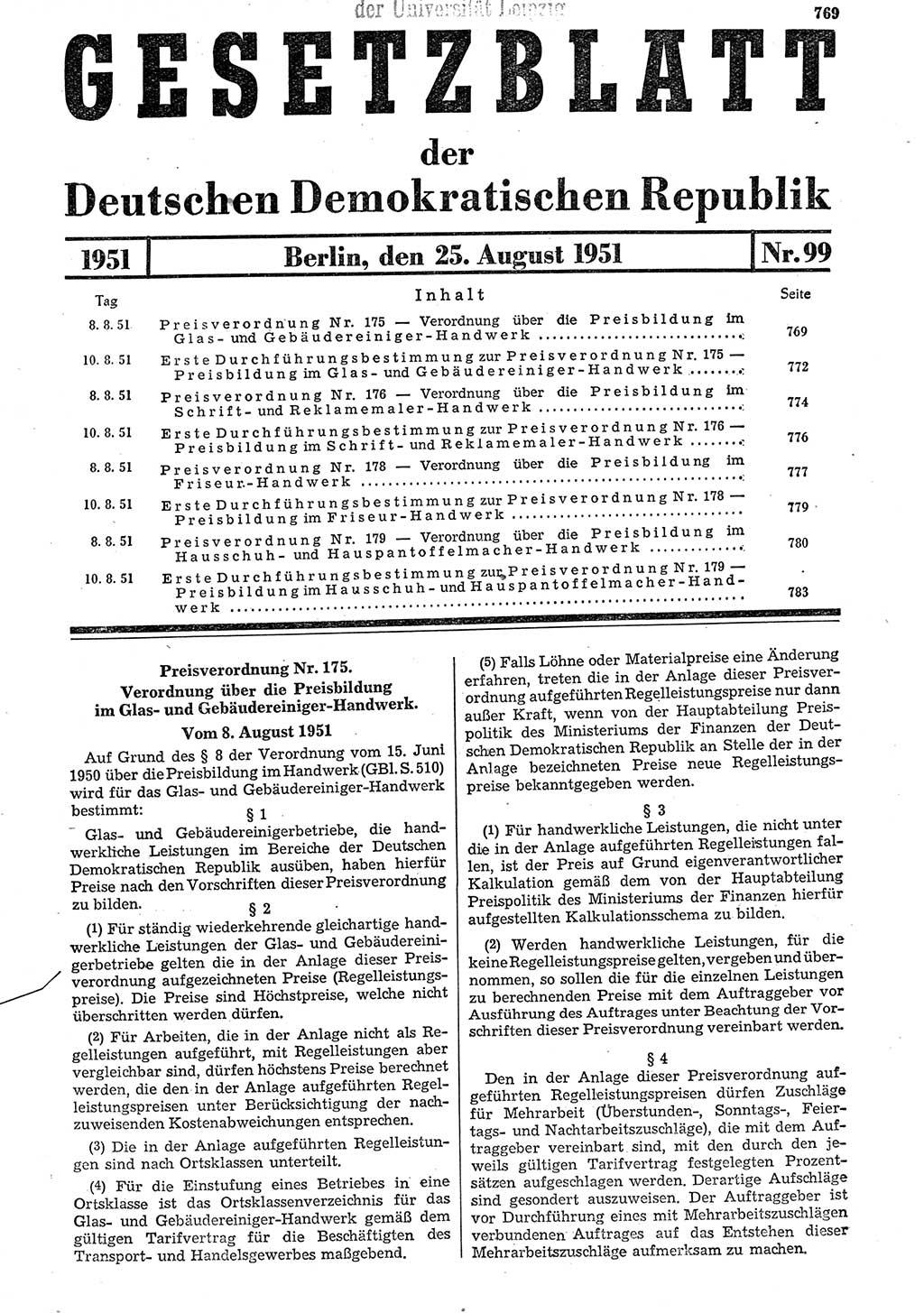 Gesetzblatt (GBl.) der Deutschen Demokratischen Republik (DDR) 1951, Seite 769 (GBl. DDR 1951, S. 769)