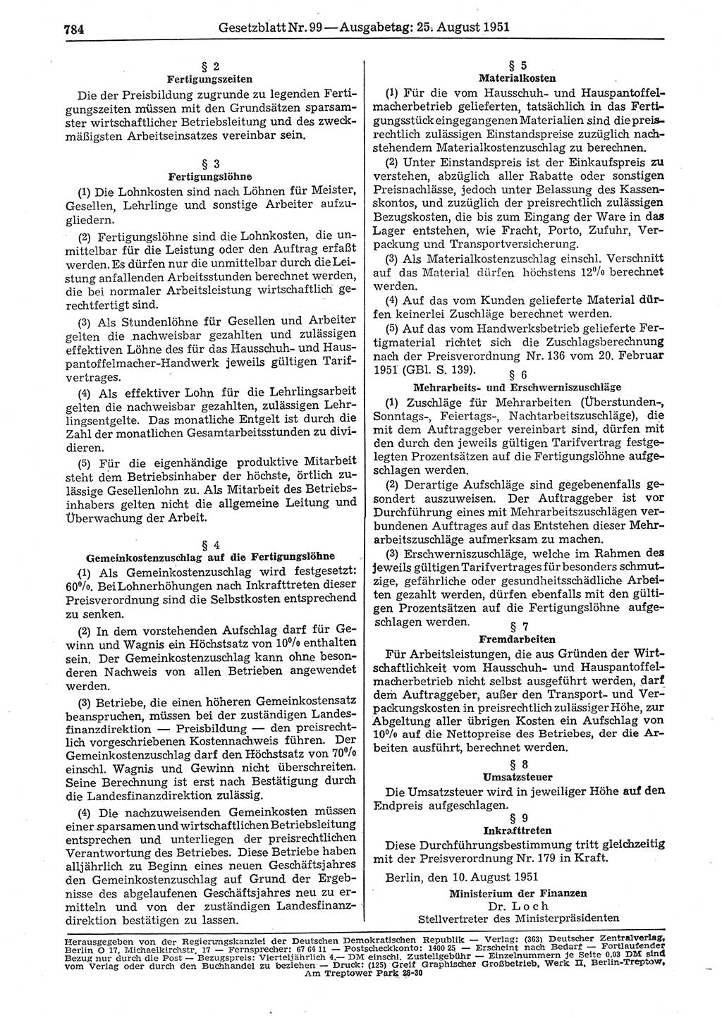 Gesetzblatt (GBl.) der Deutschen Demokratischen Republik (DDR) 1951, Seite 784 (GBl. DDR 1951, S. 784)