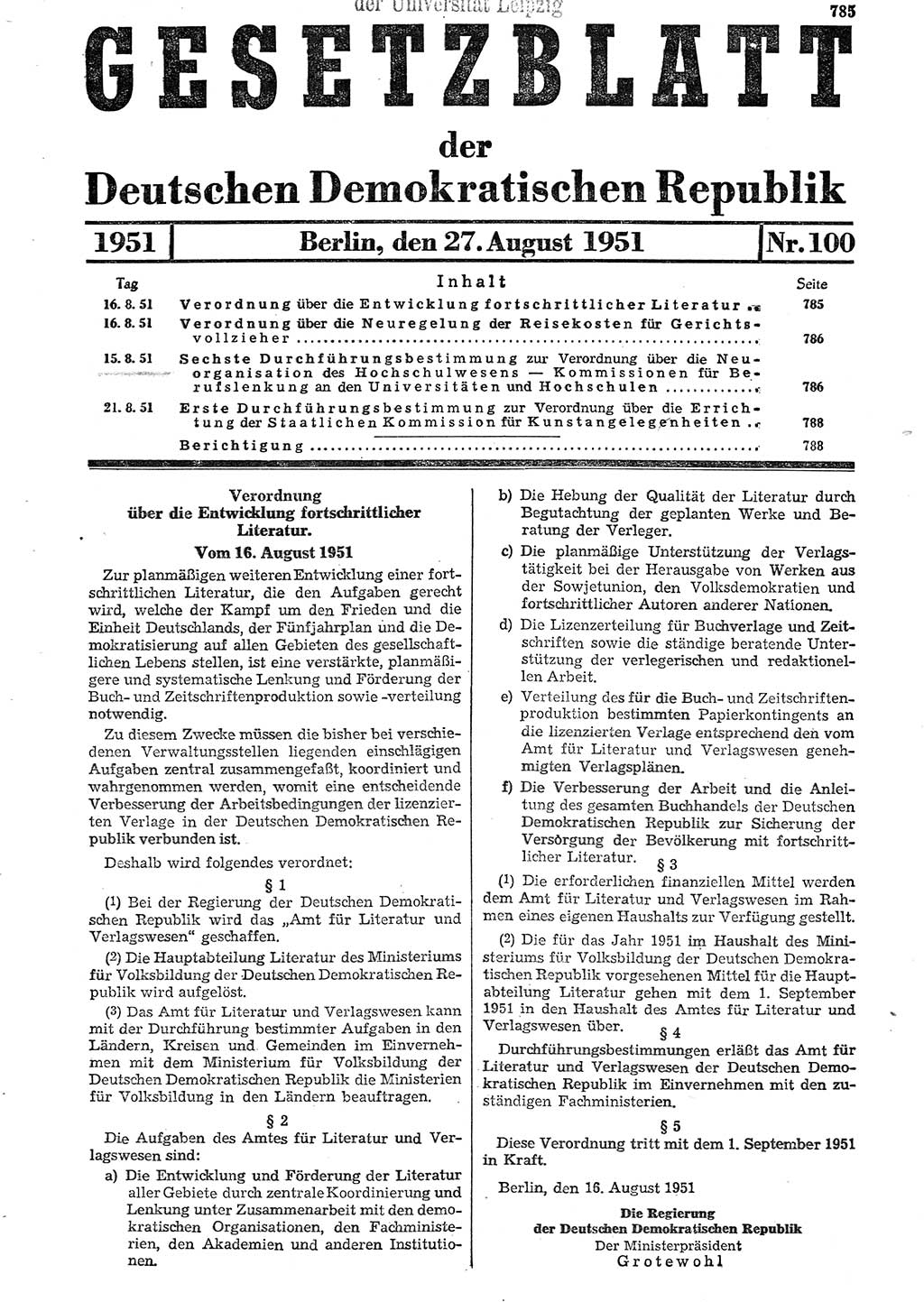 Gesetzblatt (GBl.) der Deutschen Demokratischen Republik (DDR) 1951, Seite 785 (GBl. DDR 1951, S. 785)