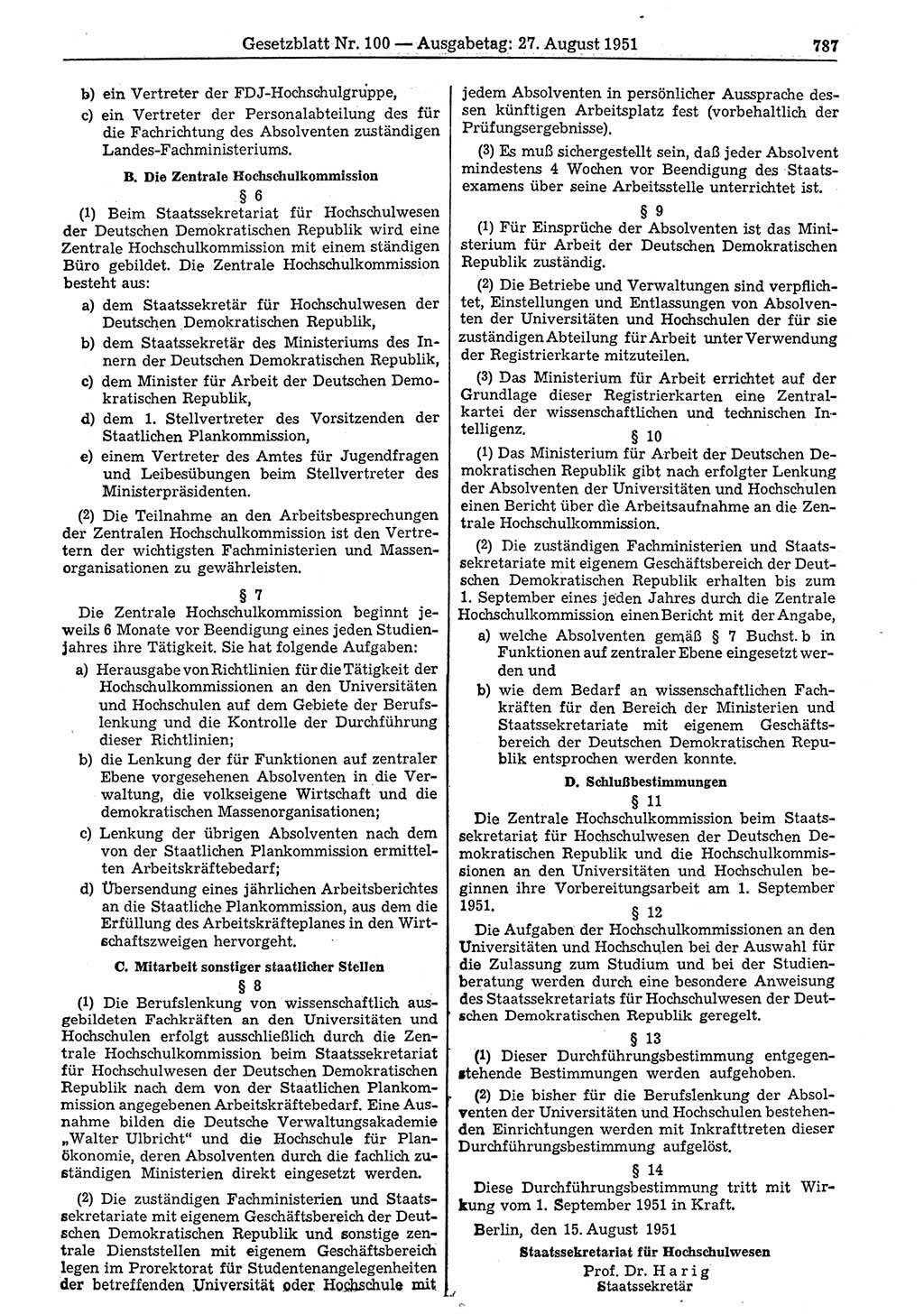 Gesetzblatt (GBl.) der Deutschen Demokratischen Republik (DDR) 1951, Seite 787 (GBl. DDR 1951, S. 787)