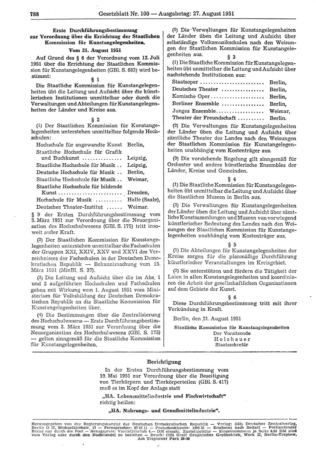 Gesetzblatt (GBl.) der Deutschen Demokratischen Republik (DDR) 1951, Seite 788 (GBl. DDR 1951, S. 788)