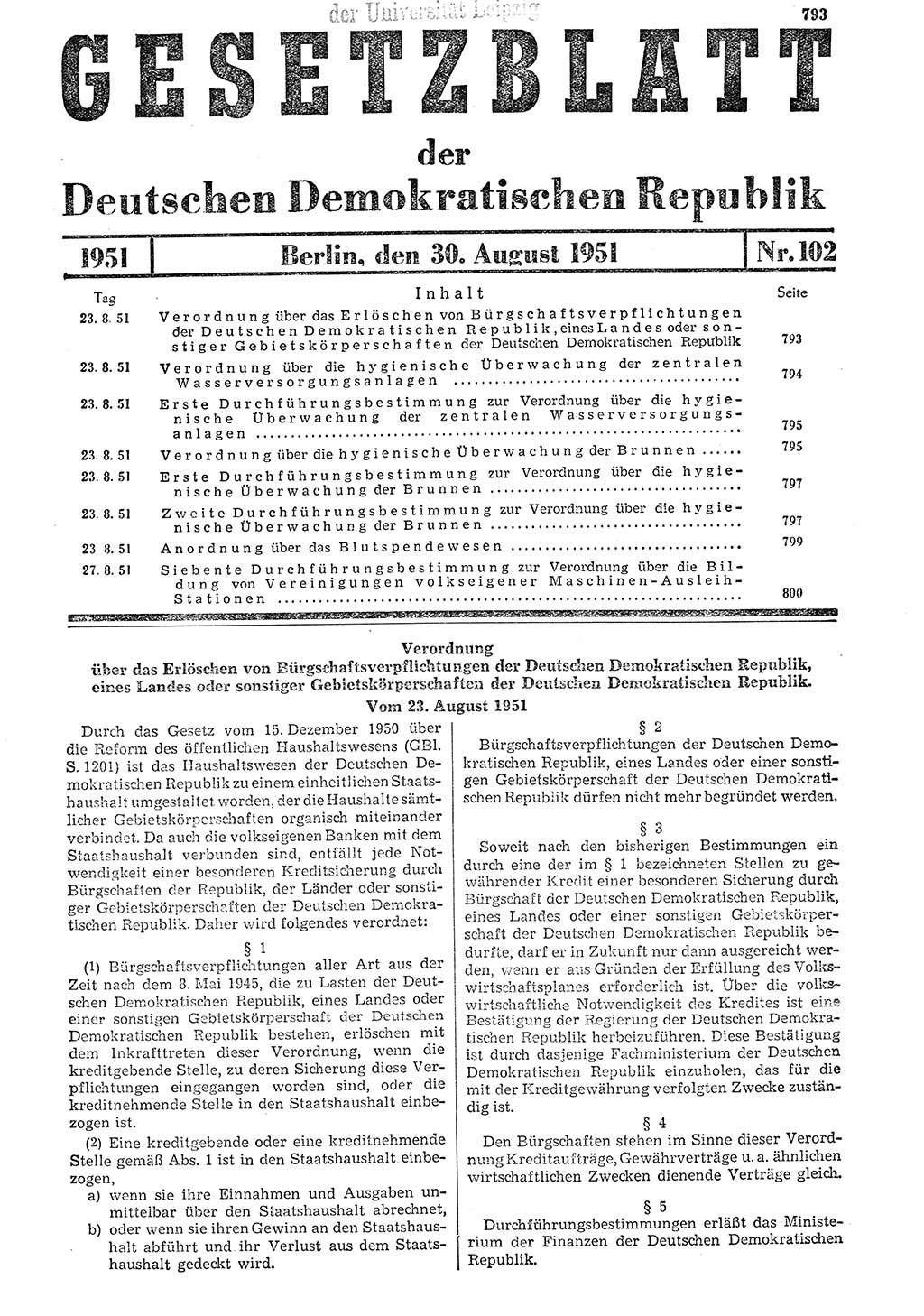 Gesetzblatt (GBl.) der Deutschen Demokratischen Republik (DDR) 1951, Seite 793 (GBl. DDR 1951, S. 793)