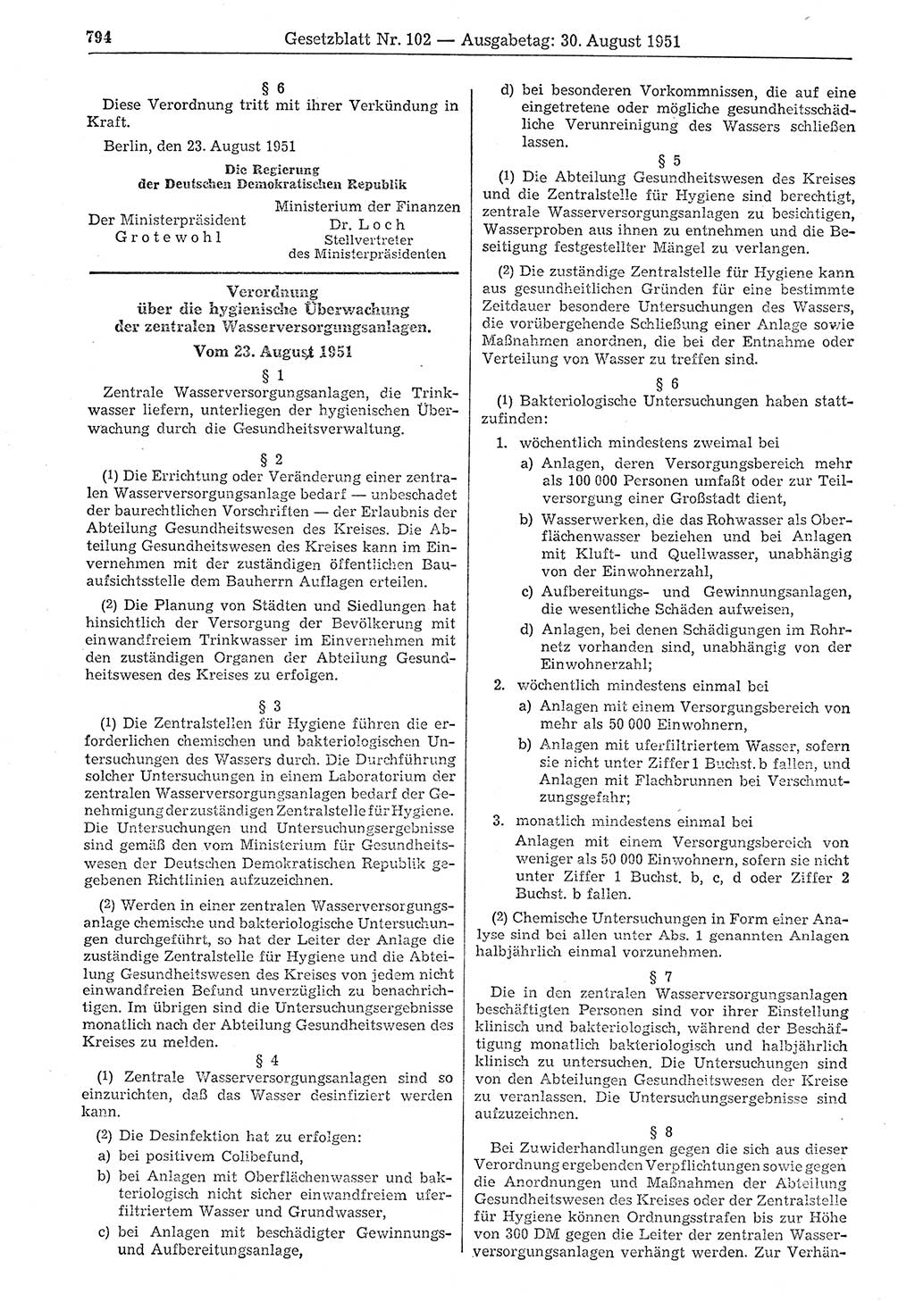 Gesetzblatt (GBl.) der Deutschen Demokratischen Republik (DDR) 1951, Seite 794 (GBl. DDR 1951, S. 794)
