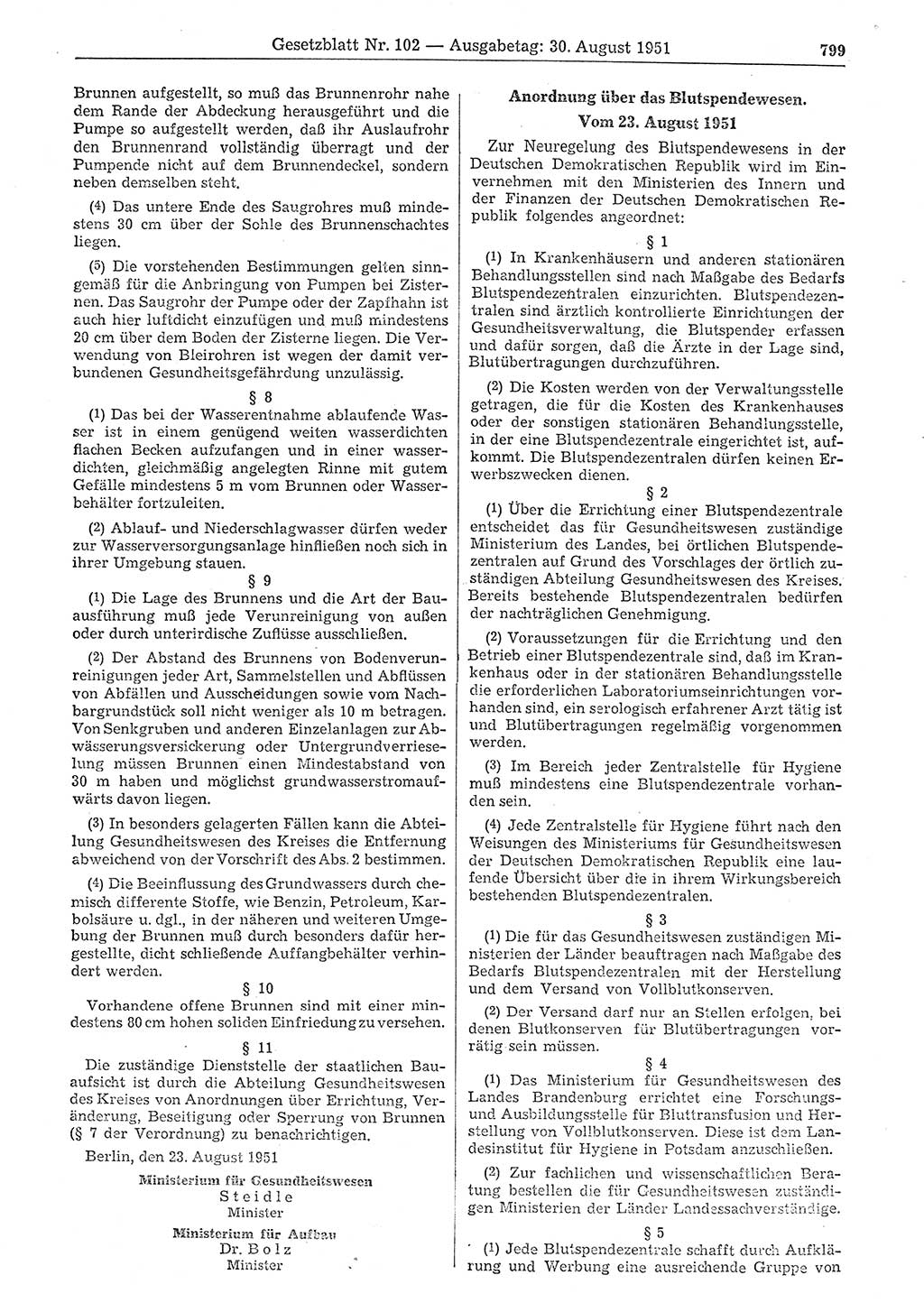 Gesetzblatt (GBl.) der Deutschen Demokratischen Republik (DDR) 1951, Seite 799 (GBl. DDR 1951, S. 799)