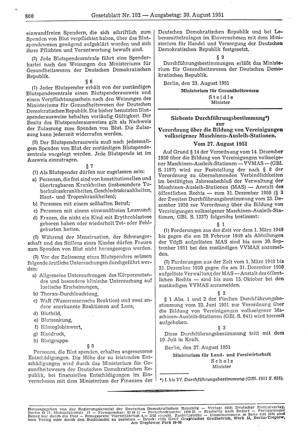 Gesetzblatt (GBl.) der Deutschen Demokratischen Republik (DDR) 1951, Seite 800 (GBl. DDR 1951, S. 800)