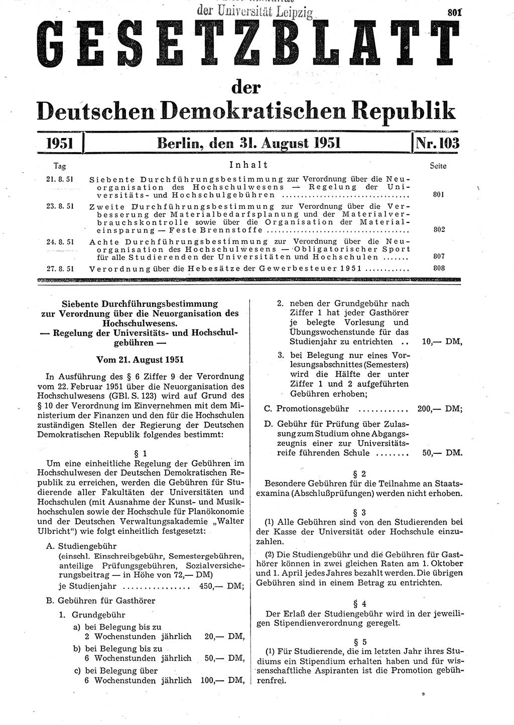 Gesetzblatt (GBl.) der Deutschen Demokratischen Republik (DDR) 1951, Seite 801 (GBl. DDR 1951, S. 801)