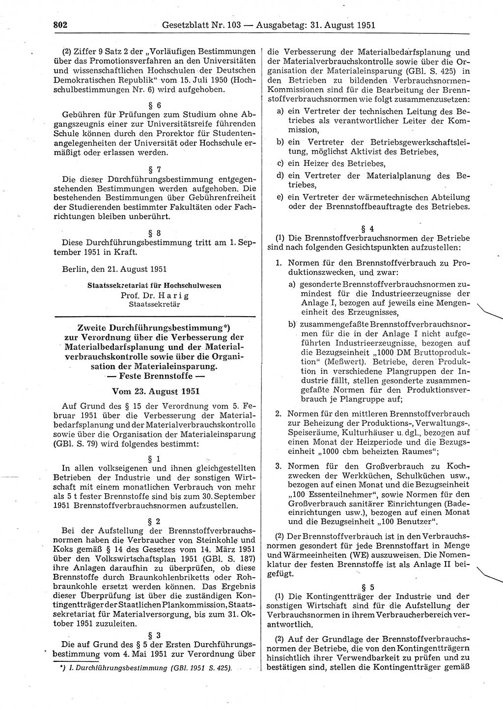 Gesetzblatt (GBl.) der Deutschen Demokratischen Republik (DDR) 1951, Seite 802 (GBl. DDR 1951, S. 802)