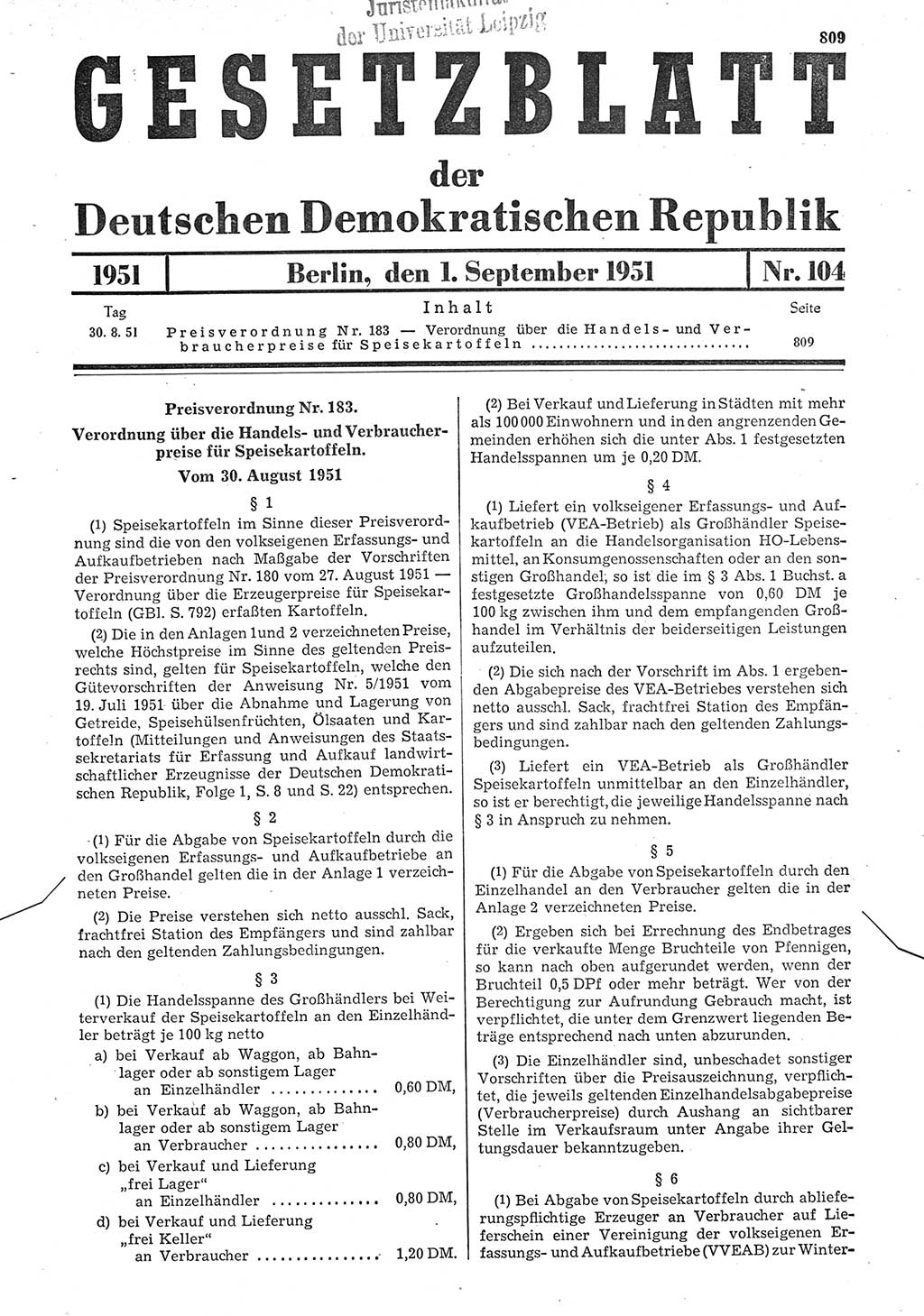 Gesetzblatt (GBl.) der Deutschen Demokratischen Republik (DDR) 1951, Seite 809 (GBl. DDR 1951, S. 809)