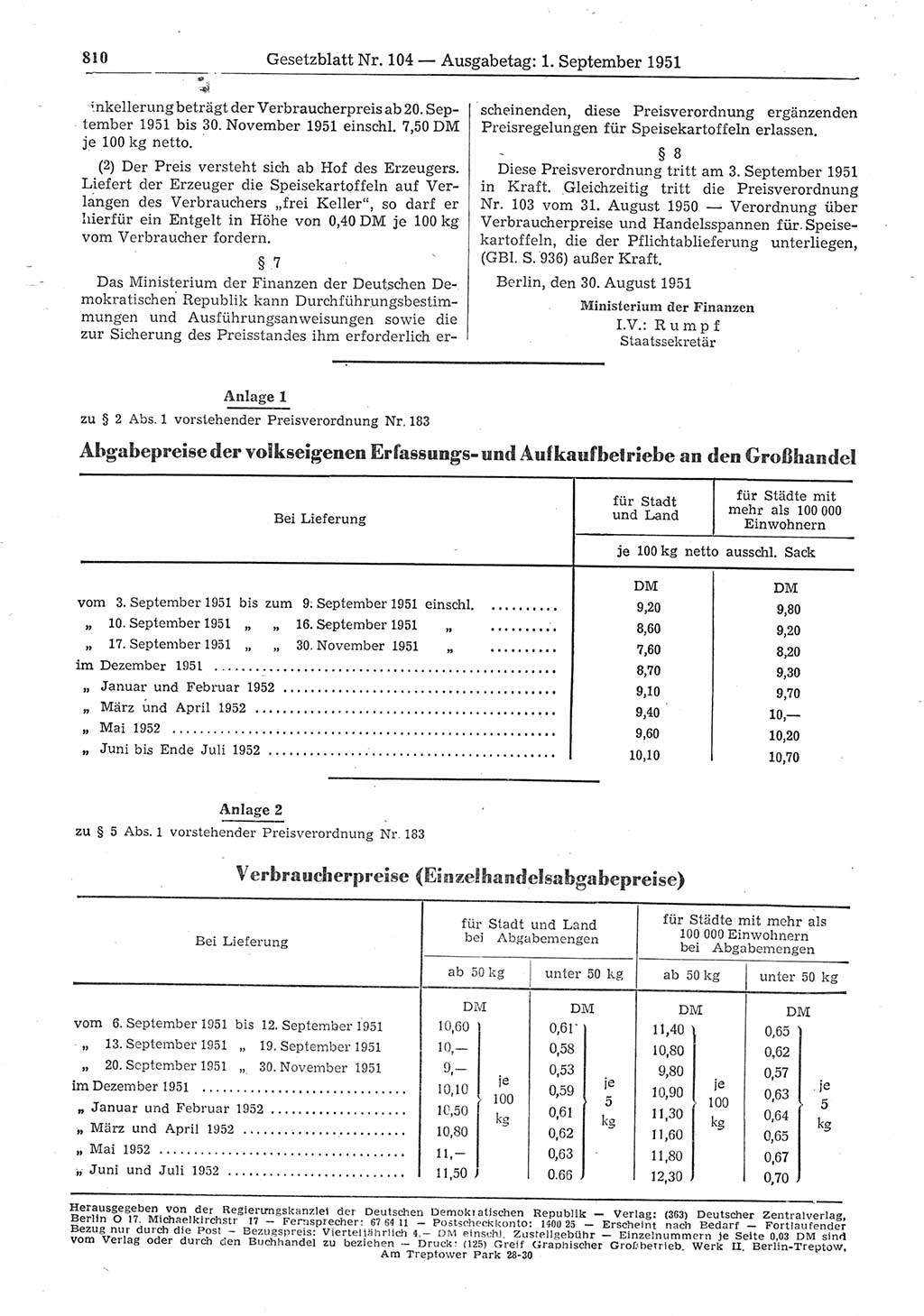 Gesetzblatt (GBl.) der Deutschen Demokratischen Republik (DDR) 1951, Seite 810 (GBl. DDR 1951, S. 810)