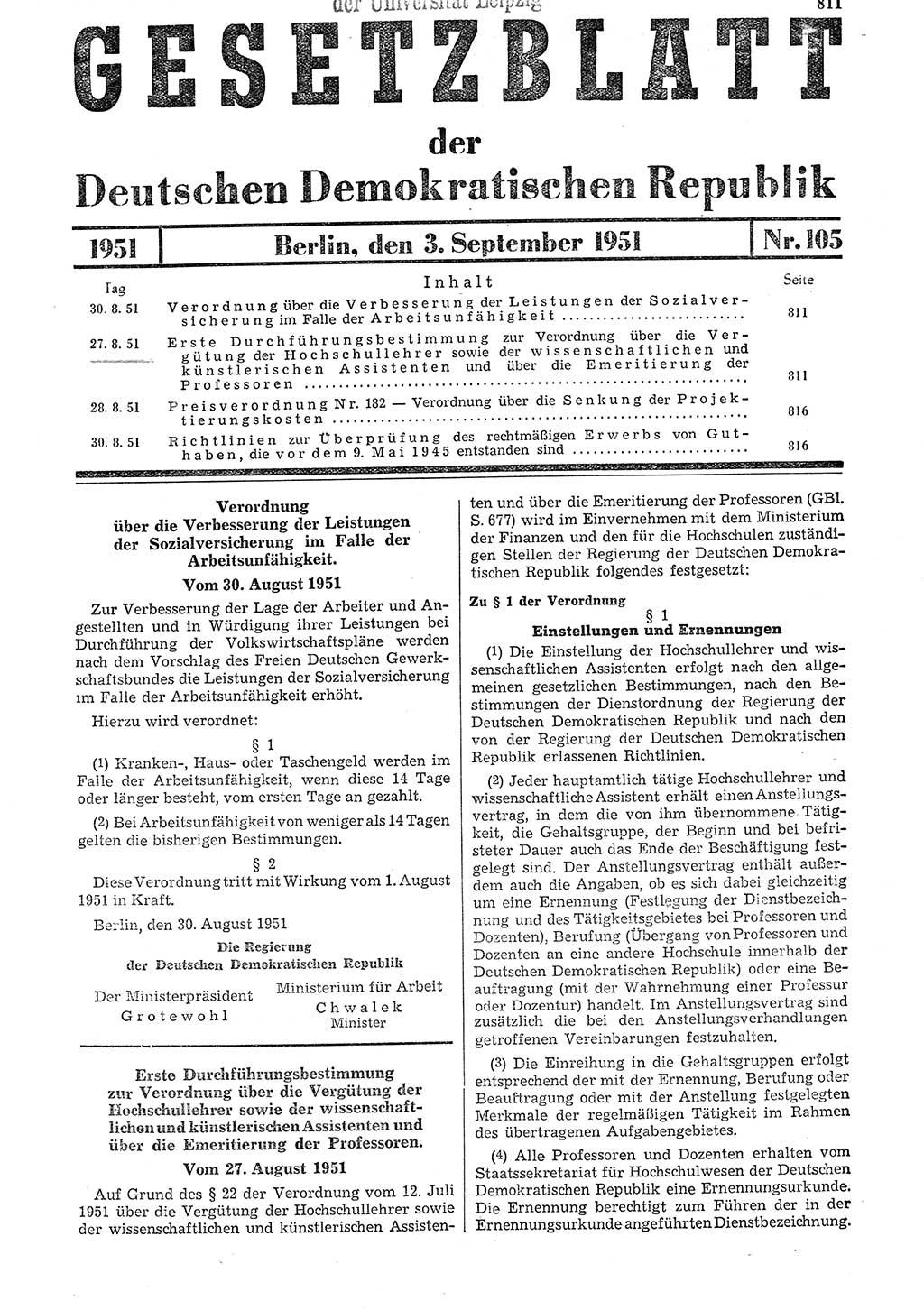 Gesetzblatt (GBl.) der Deutschen Demokratischen Republik (DDR) 1951, Seite 811 (GBl. DDR 1951, S. 811)