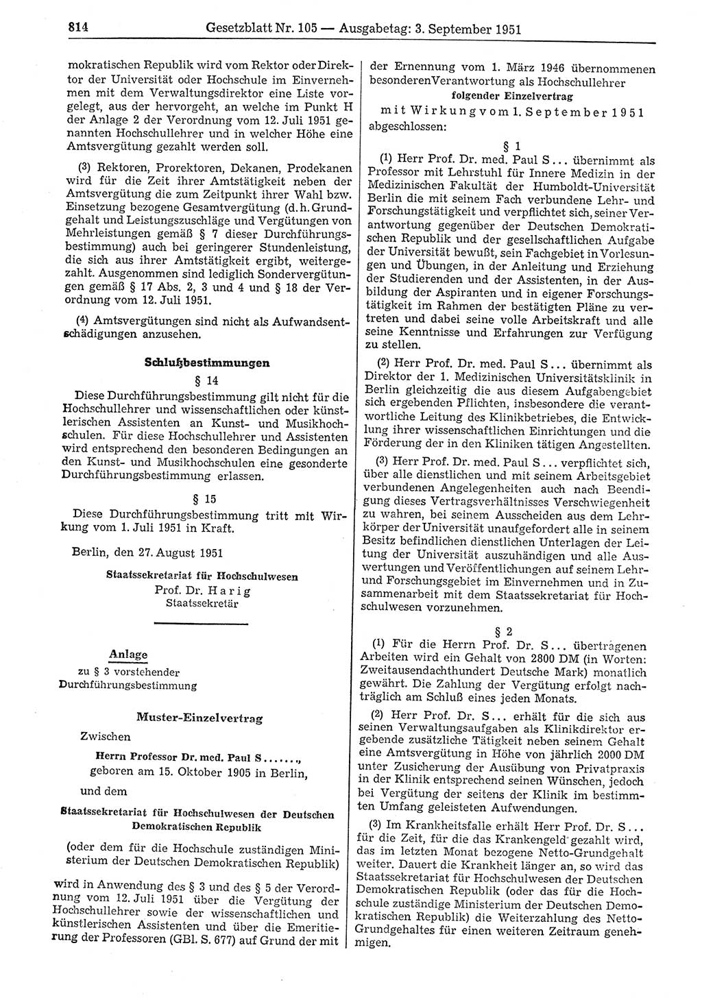 Gesetzblatt (GBl.) der Deutschen Demokratischen Republik (DDR) 1951, Seite 814 (GBl. DDR 1951, S. 814)