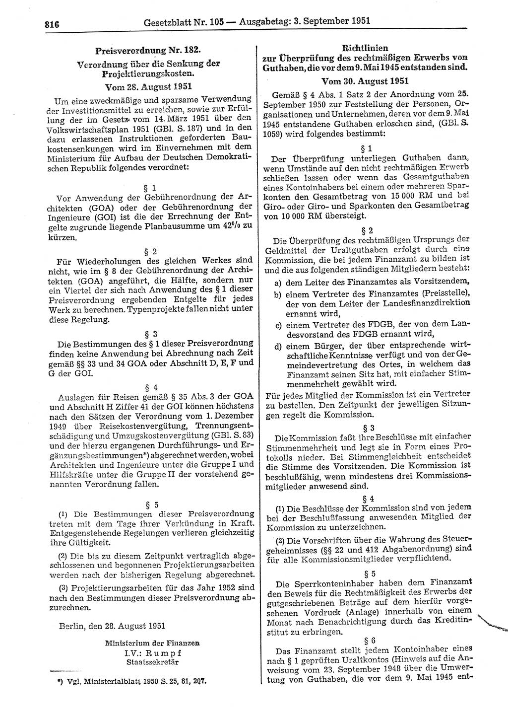 Gesetzblatt (GBl.) der Deutschen Demokratischen Republik (DDR) 1951, Seite 816 (GBl. DDR 1951, S. 816)