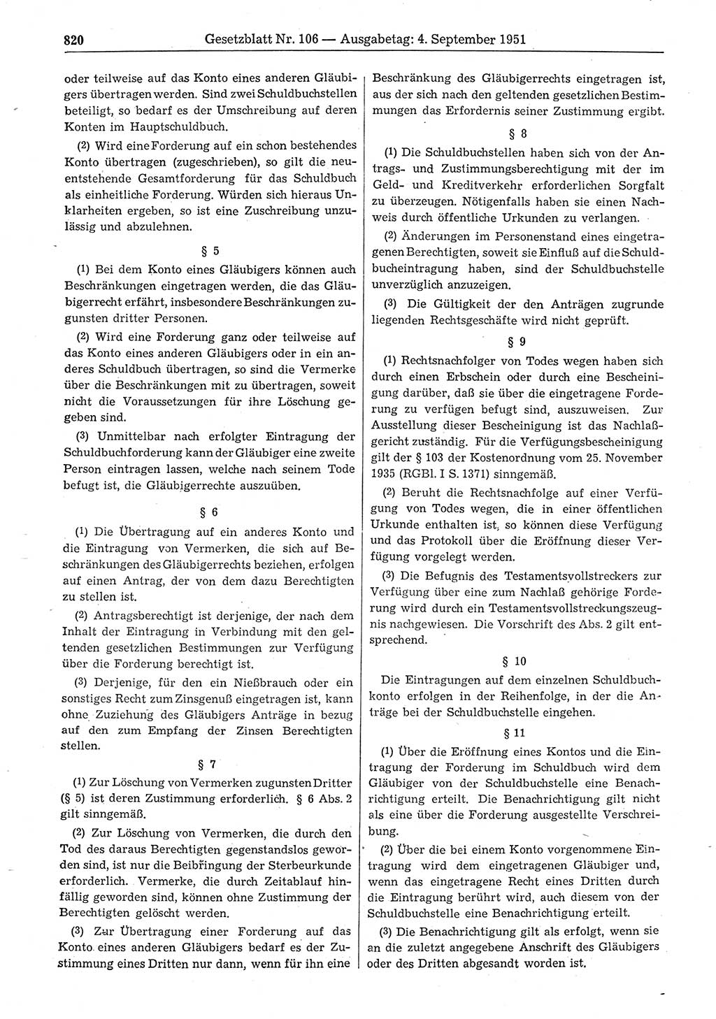 Gesetzblatt (GBl.) der Deutschen Demokratischen Republik (DDR) 1951, Seite 820 (GBl. DDR 1951, S. 820)