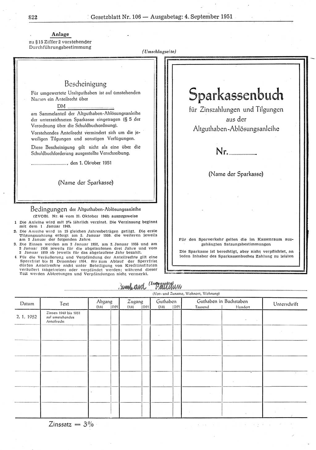 Gesetzblatt (GBl.) der Deutschen Demokratischen Republik (DDR) 1951, Seite 822 (GBl. DDR 1951, S. 822)