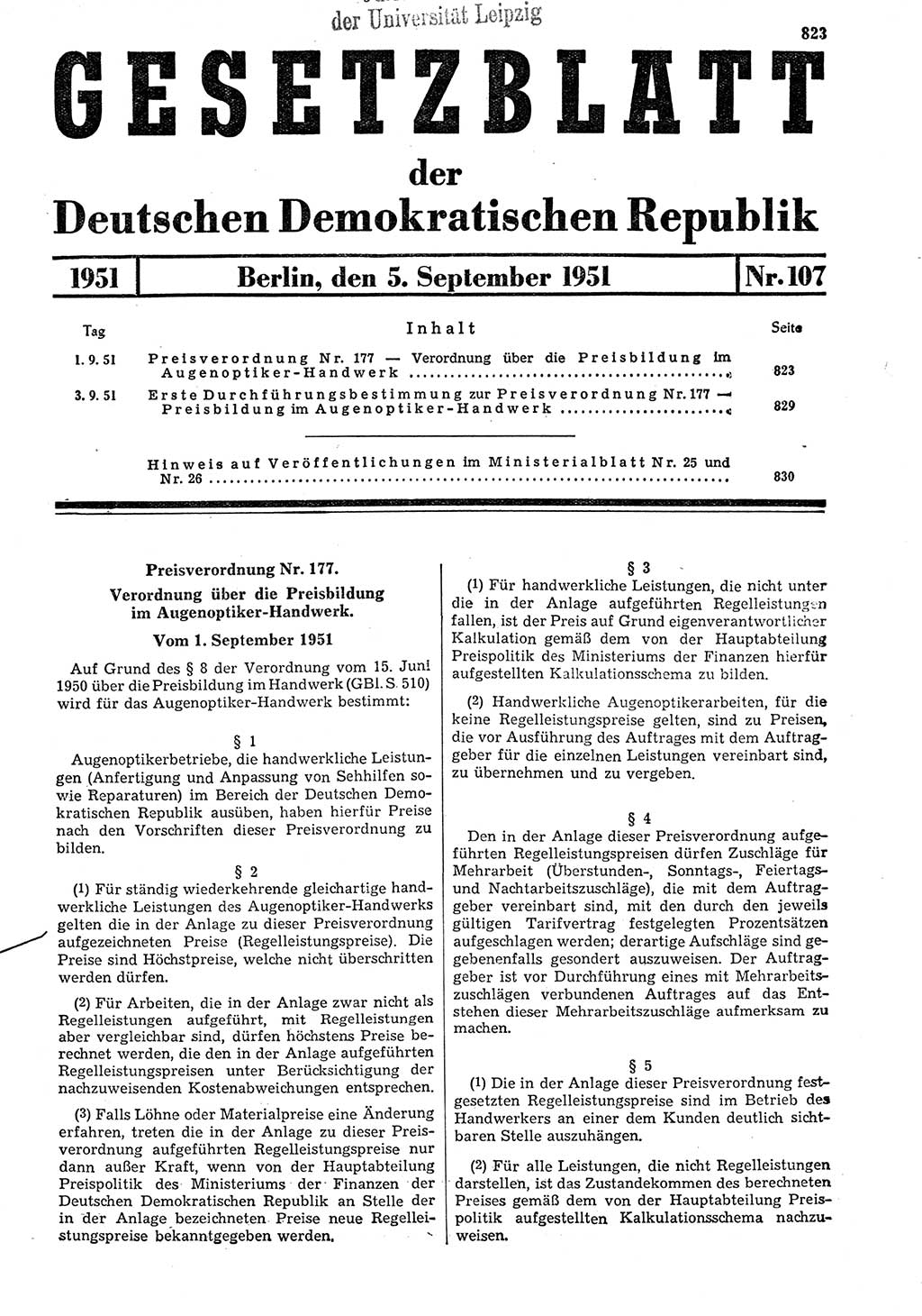 Gesetzblatt (GBl.) der Deutschen Demokratischen Republik (DDR) 1951, Seite 823 (GBl. DDR 1951, S. 823)