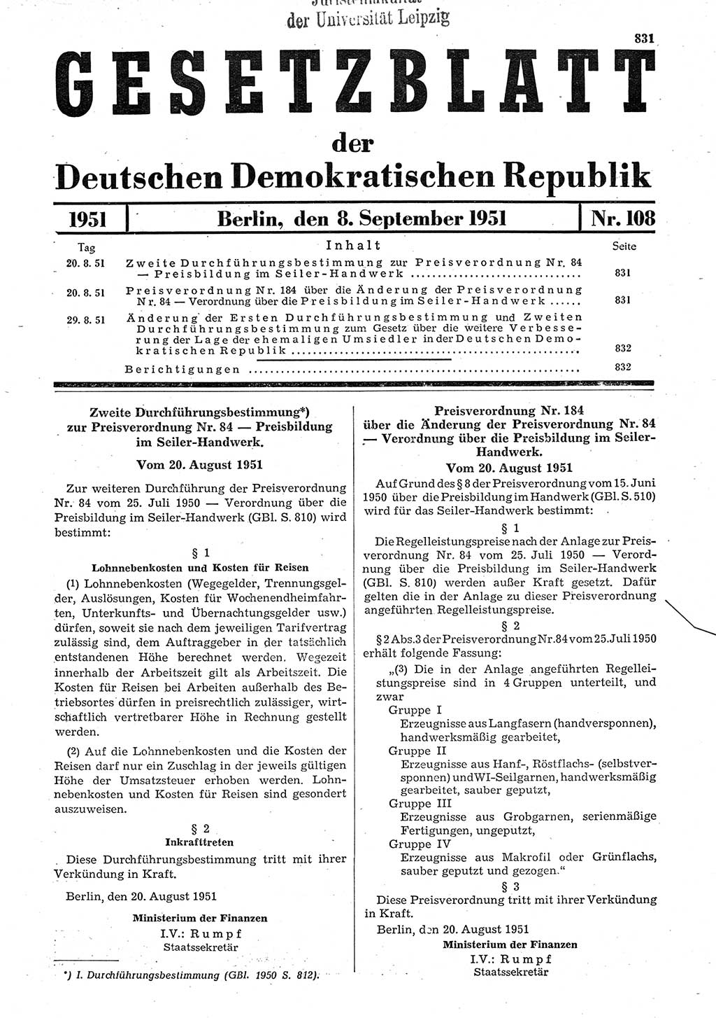 Gesetzblatt (GBl.) der Deutschen Demokratischen Republik (DDR) 1951, Seite 831 (GBl. DDR 1951, S. 831)