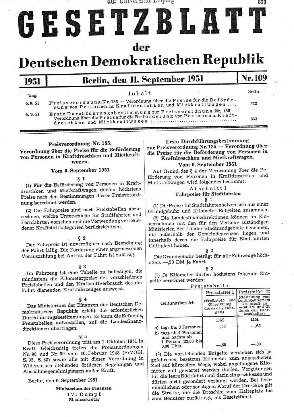 Gesetzblatt (GBl.) der Deutschen Demokratischen Republik (DDR) 1951, Seite 833 (GBl. DDR 1951, S. 833)