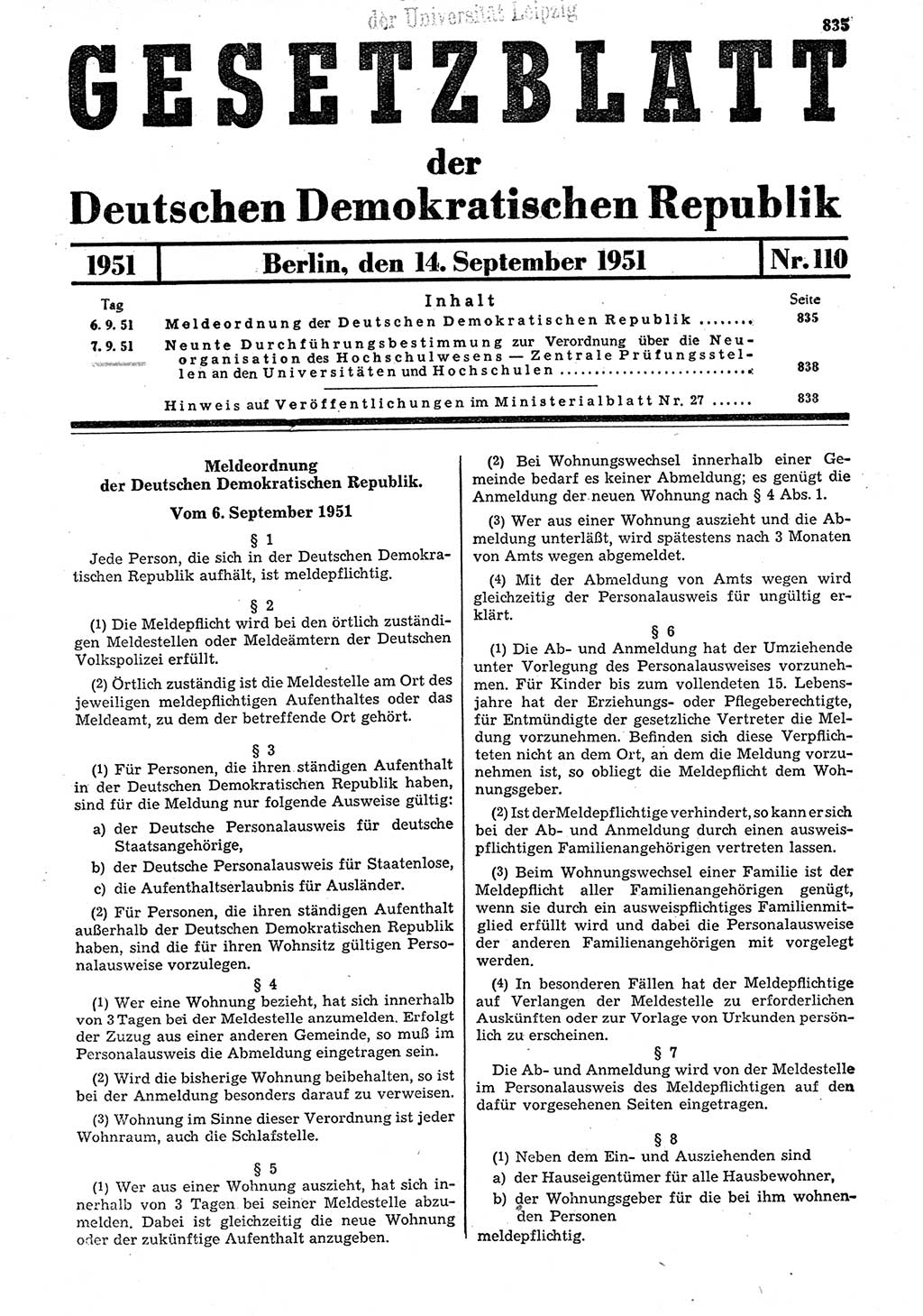 Gesetzblatt (GBl.) der Deutschen Demokratischen Republik (DDR) 1951, Seite 835 (GBl. DDR 1951, S. 835)