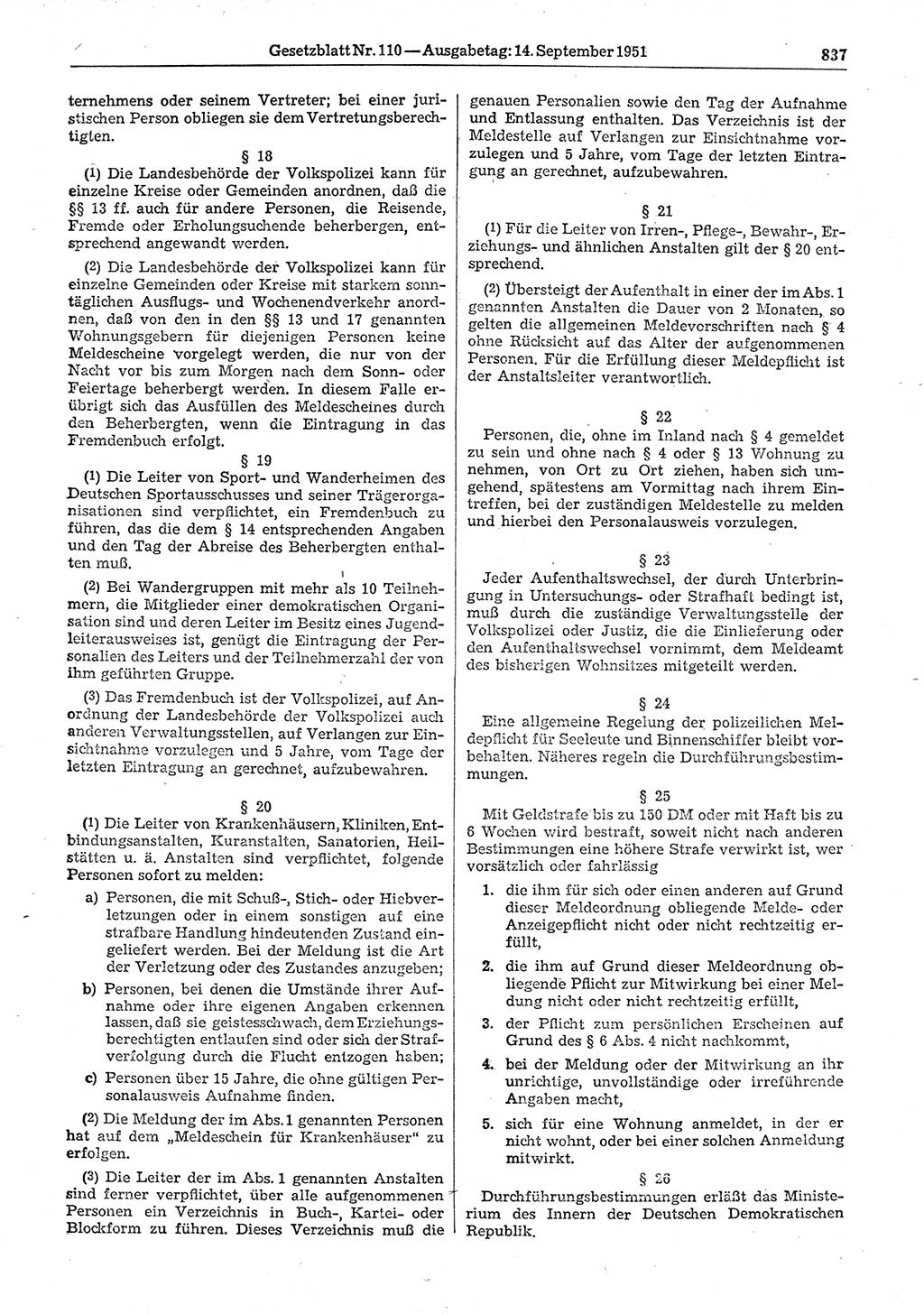 Gesetzblatt (GBl.) der Deutschen Demokratischen Republik (DDR) 1951, Seite 837 (GBl. DDR 1951, S. 837)