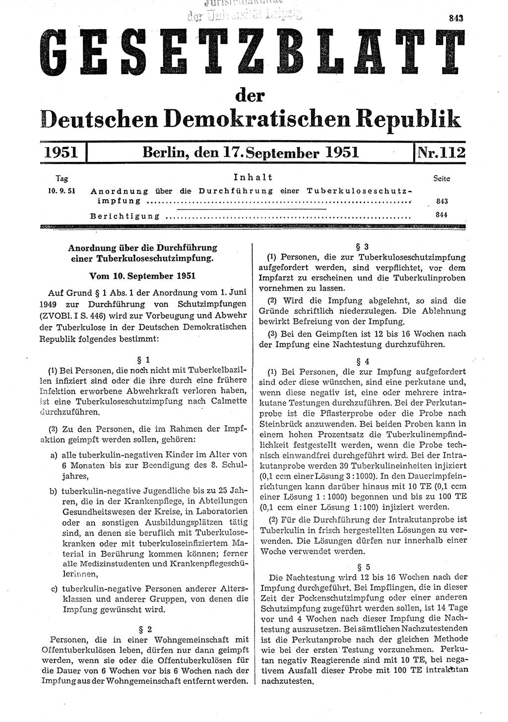 Gesetzblatt (GBl.) der Deutschen Demokratischen Republik (DDR) 1951, Seite 843 (GBl. DDR 1951, S. 843)