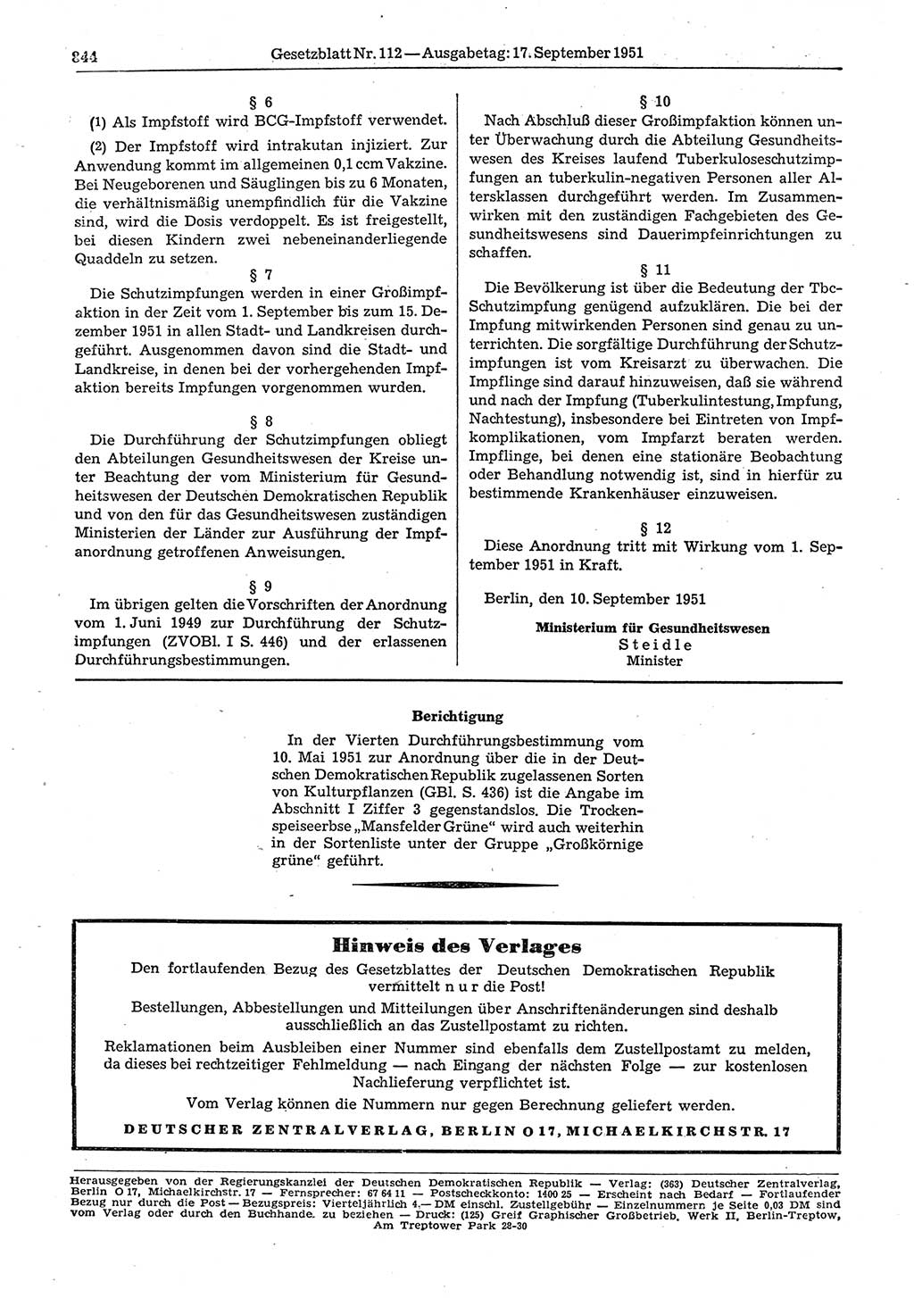 Gesetzblatt (GBl.) der Deutschen Demokratischen Republik (DDR) 1951, Seite 844 (GBl. DDR 1951, S. 844)