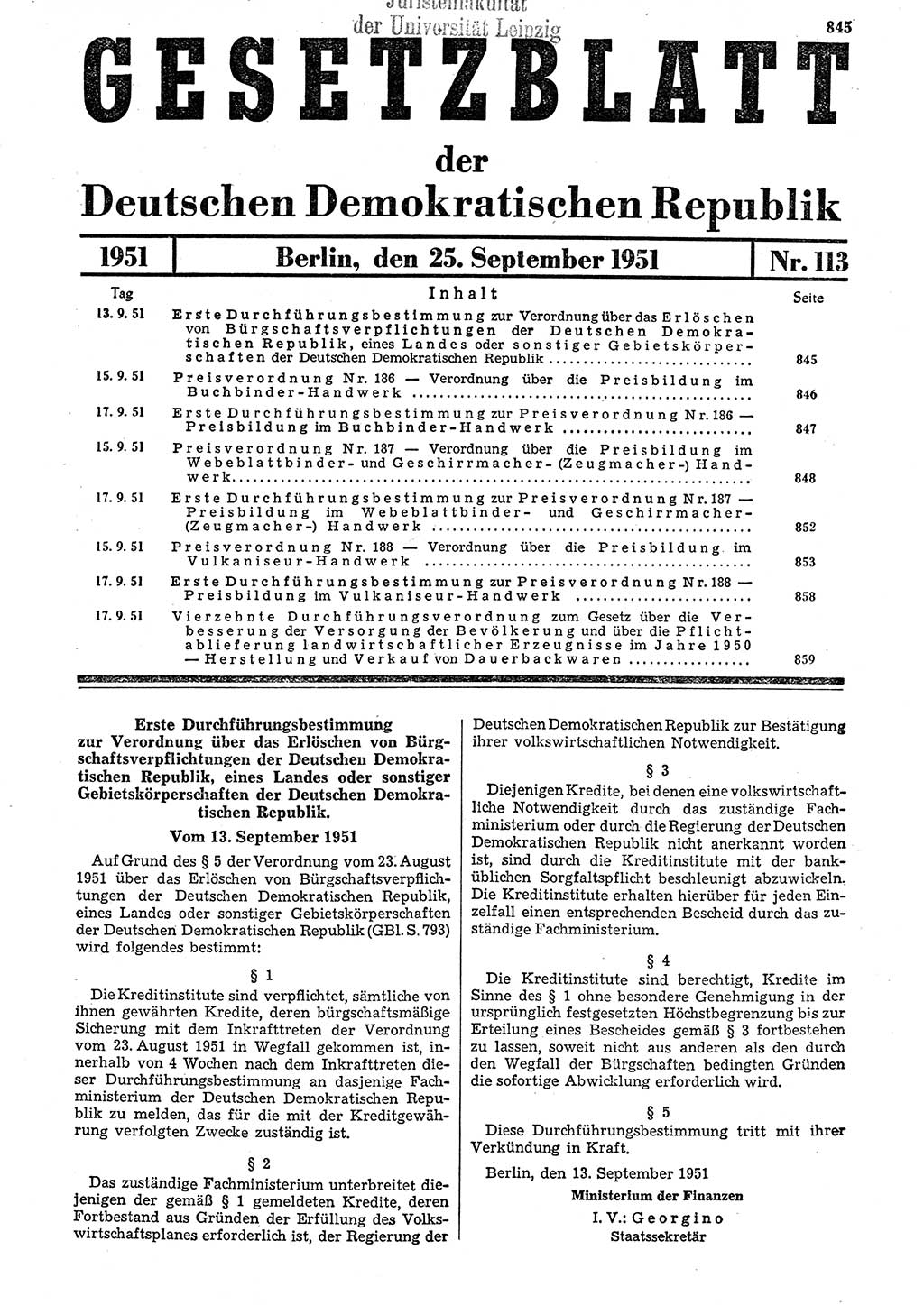 Gesetzblatt (GBl.) der Deutschen Demokratischen Republik (DDR) 1951, Seite 845 (GBl. DDR 1951, S. 845)
