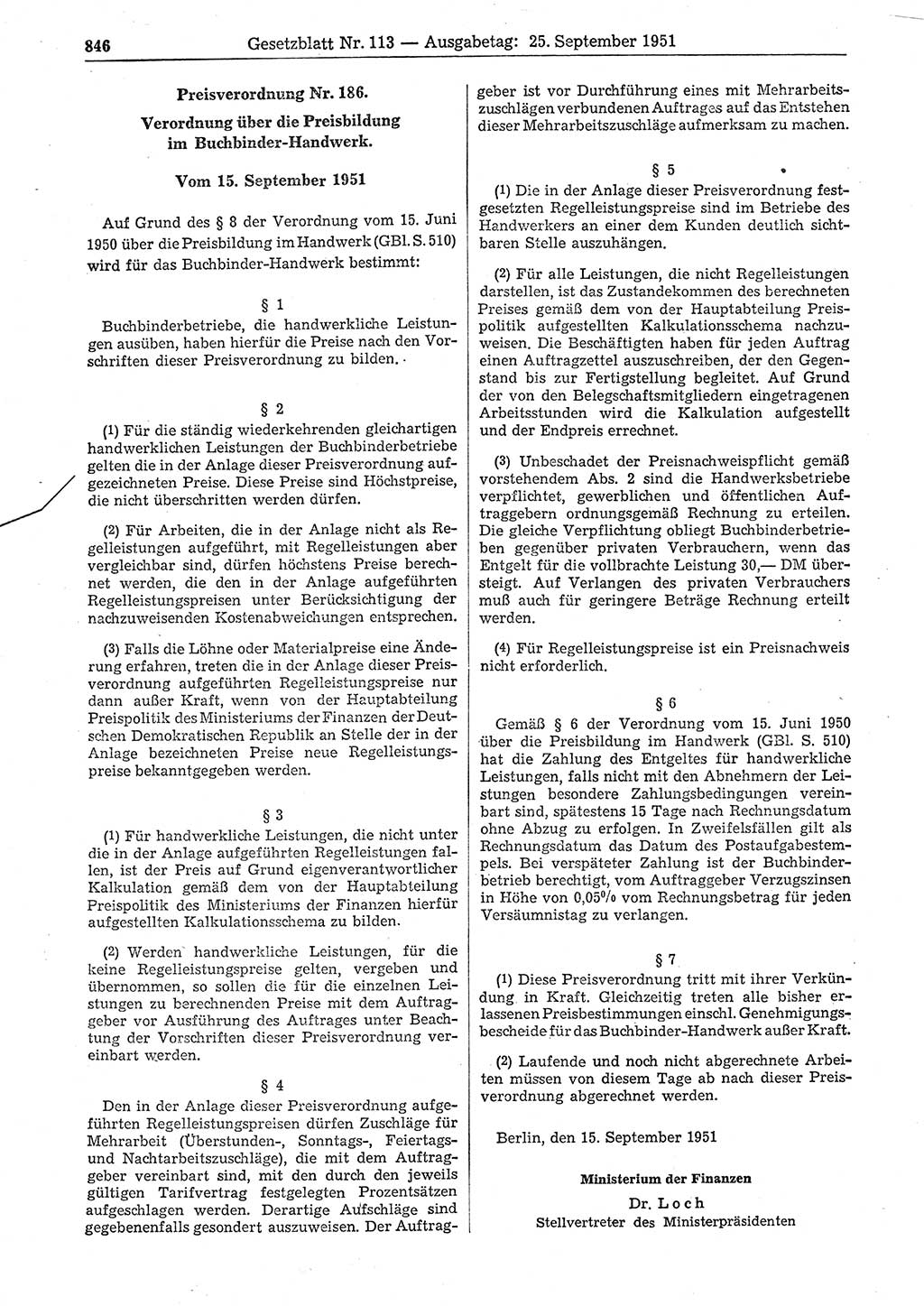 Gesetzblatt (GBl.) der Deutschen Demokratischen Republik (DDR) 1951, Seite 846 (GBl. DDR 1951, S. 846)