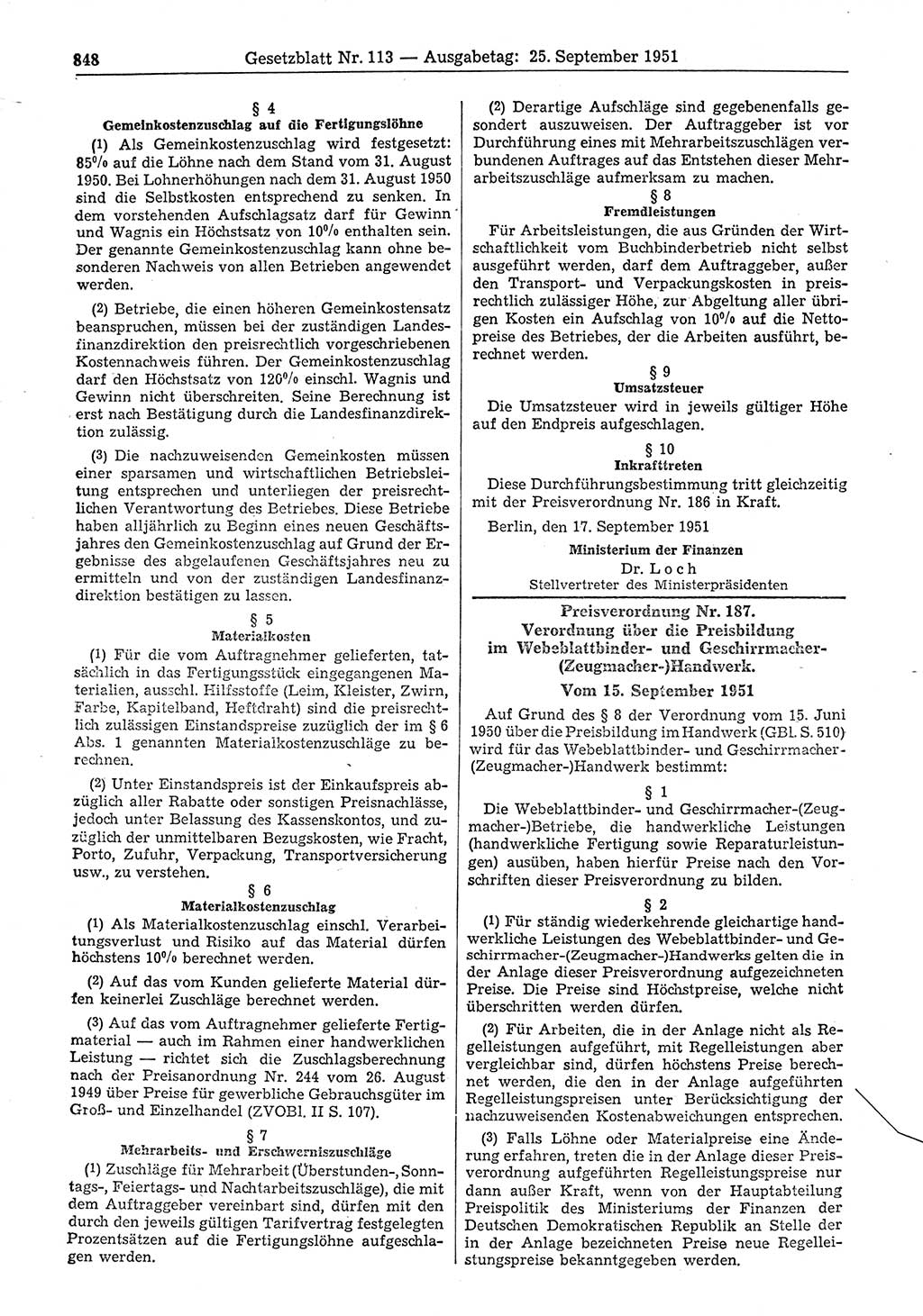 Gesetzblatt (GBl.) der Deutschen Demokratischen Republik (DDR) 1951, Seite 848 (GBl. DDR 1951, S. 848)