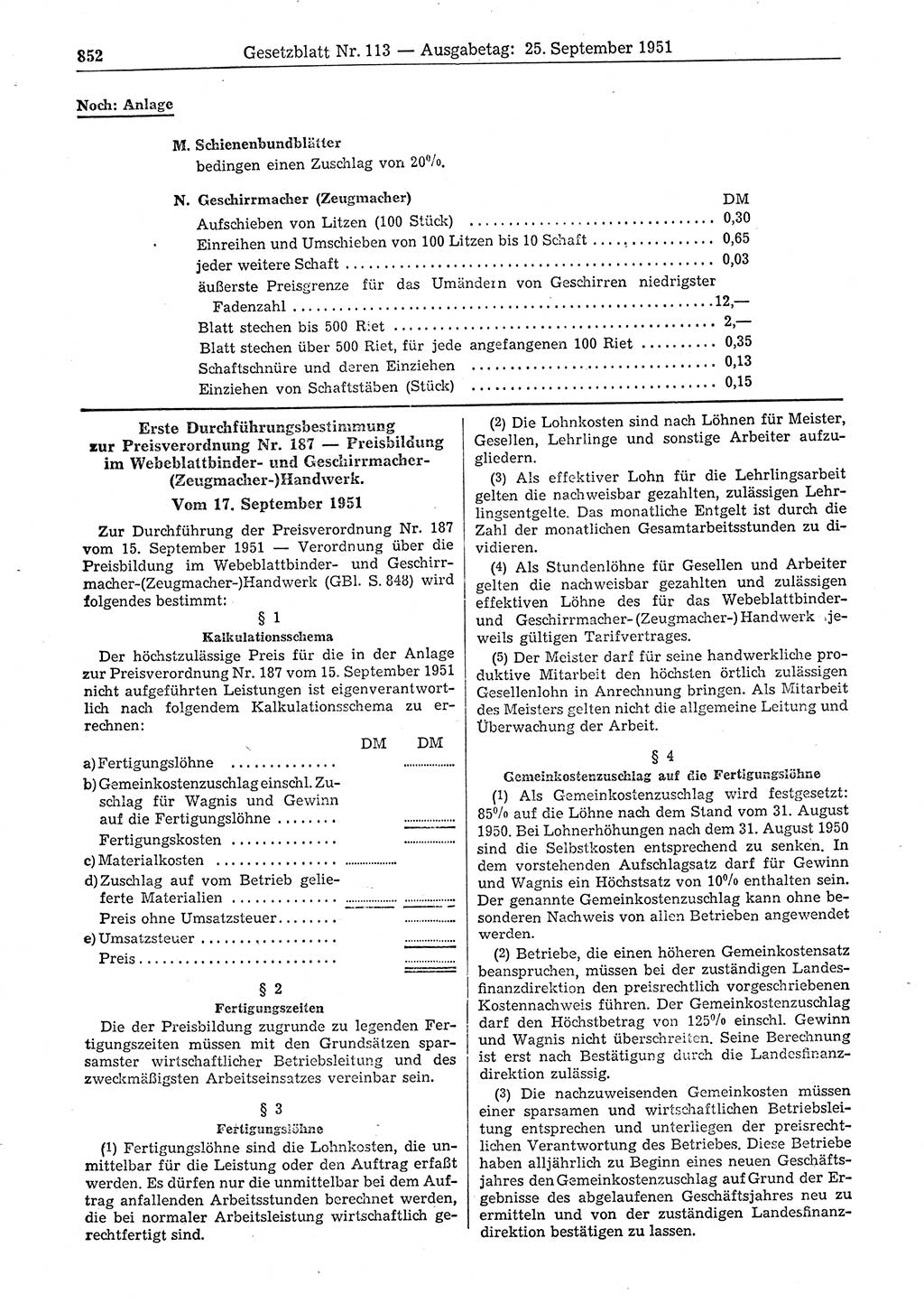 Gesetzblatt (GBl.) der Deutschen Demokratischen Republik (DDR) 1951, Seite 852 (GBl. DDR 1951, S. 852)