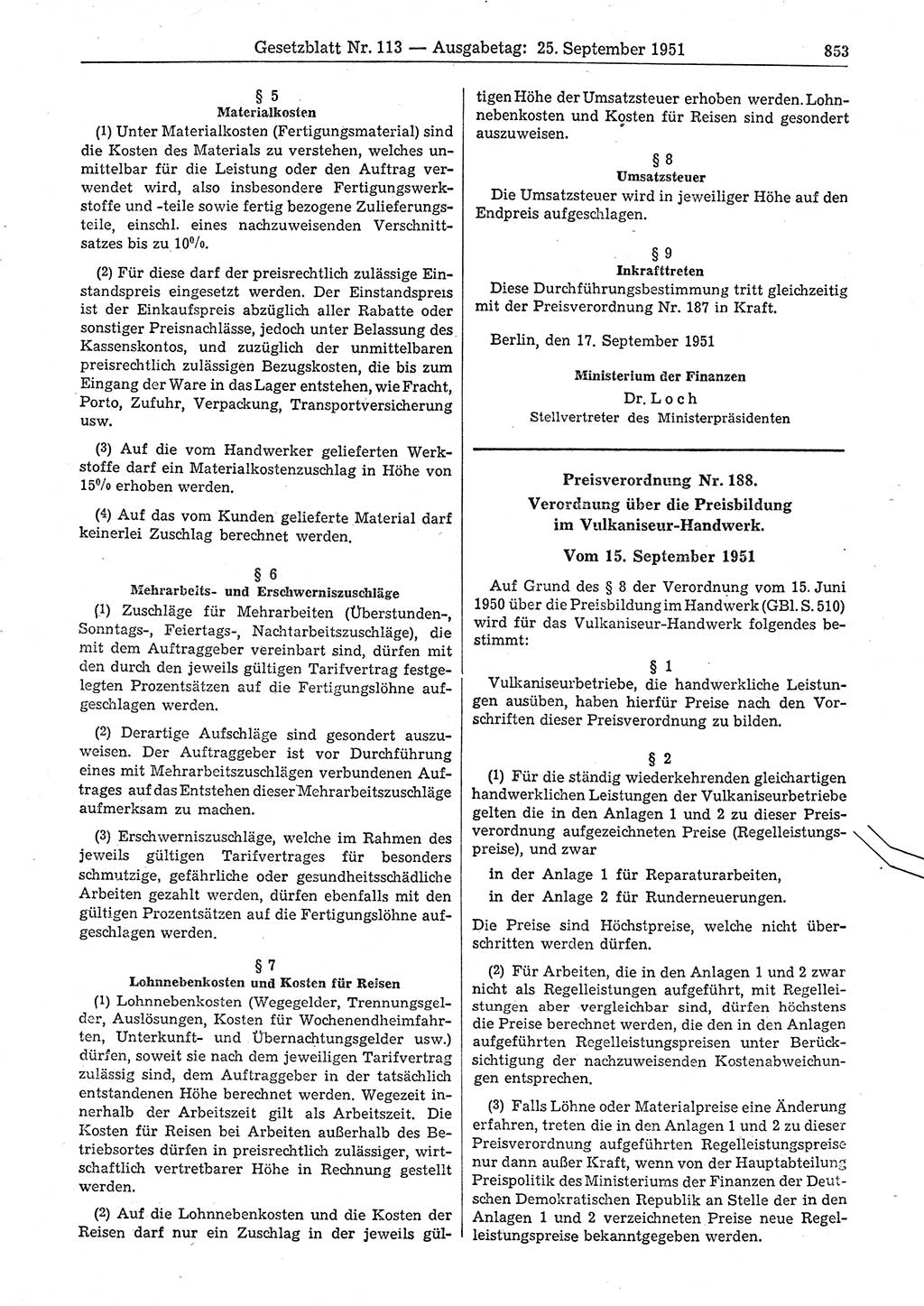 Gesetzblatt (GBl.) der Deutschen Demokratischen Republik (DDR) 1951, Seite 853 (GBl. DDR 1951, S. 853)