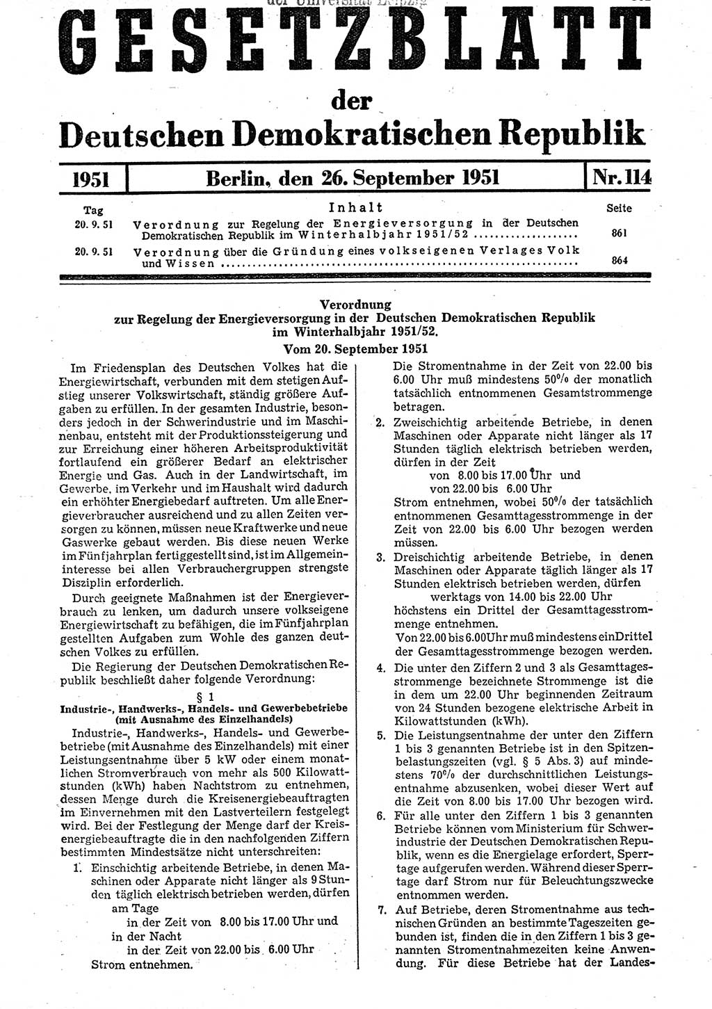 Gesetzblatt (GBl.) der Deutschen Demokratischen Republik (DDR) 1951, Seite 861 (GBl. DDR 1951, S. 861)