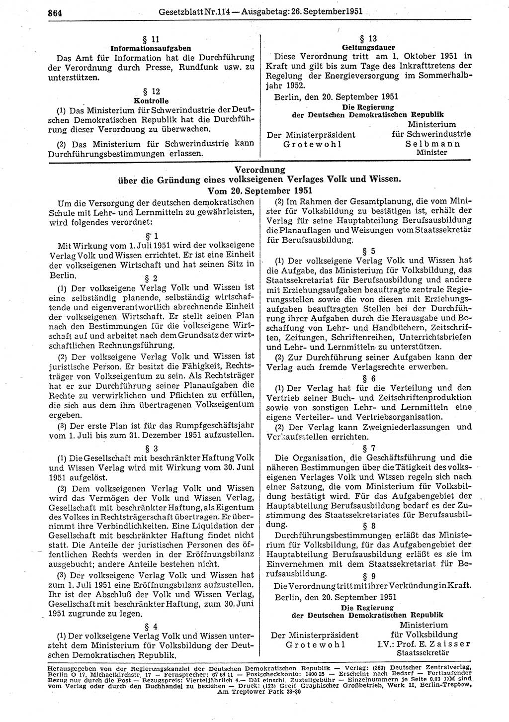 Gesetzblatt (GBl.) der Deutschen Demokratischen Republik (DDR) 1951, Seite 864 (GBl. DDR 1951, S. 864)