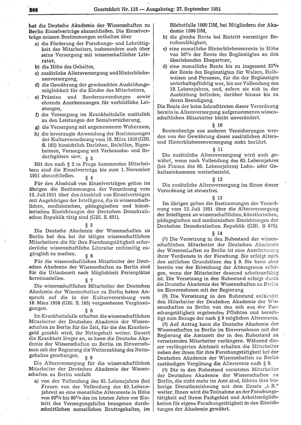 Gesetzblatt (GBl.) der Deutschen Demokratischen Republik (DDR) 1951, Seite 866 (GBl. DDR 1951, S. 866)