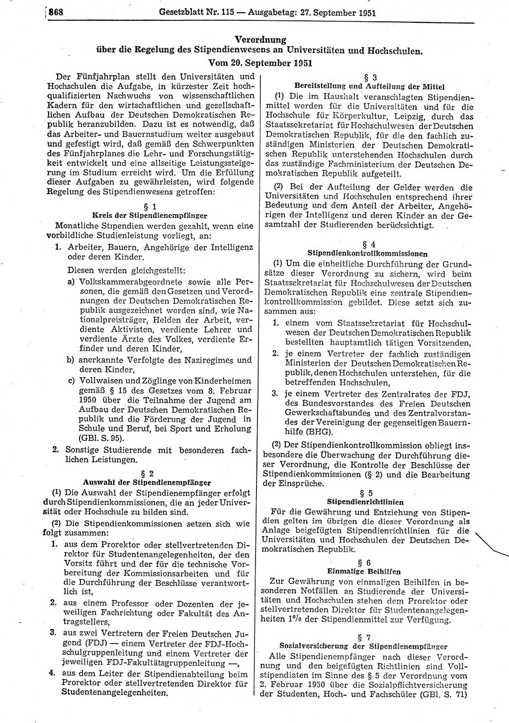 Gesetzblatt (GBl.) der Deutschen Demokratischen Republik (DDR) 1951, Seite 868 (GBl. DDR 1951, S. 868)