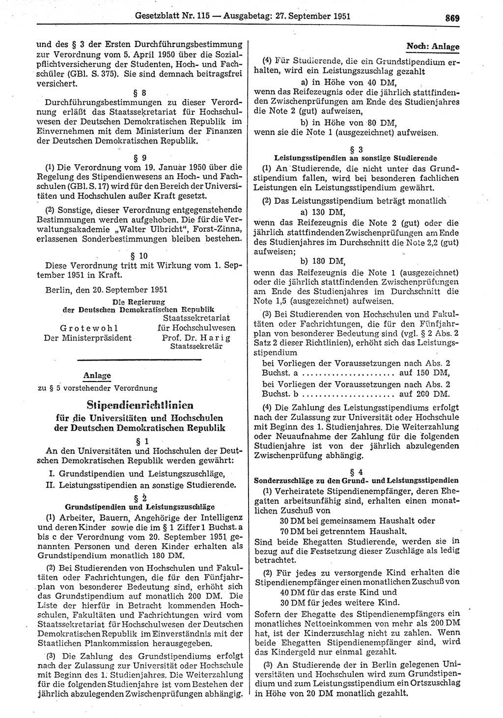 Gesetzblatt (GBl.) der Deutschen Demokratischen Republik (DDR) 1951, Seite 869 (GBl. DDR 1951, S. 869)