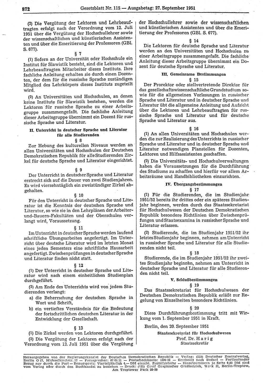 Gesetzblatt (GBl.) der Deutschen Demokratischen Republik (DDR) 1951, Seite 872 (GBl. DDR 1951, S. 872)