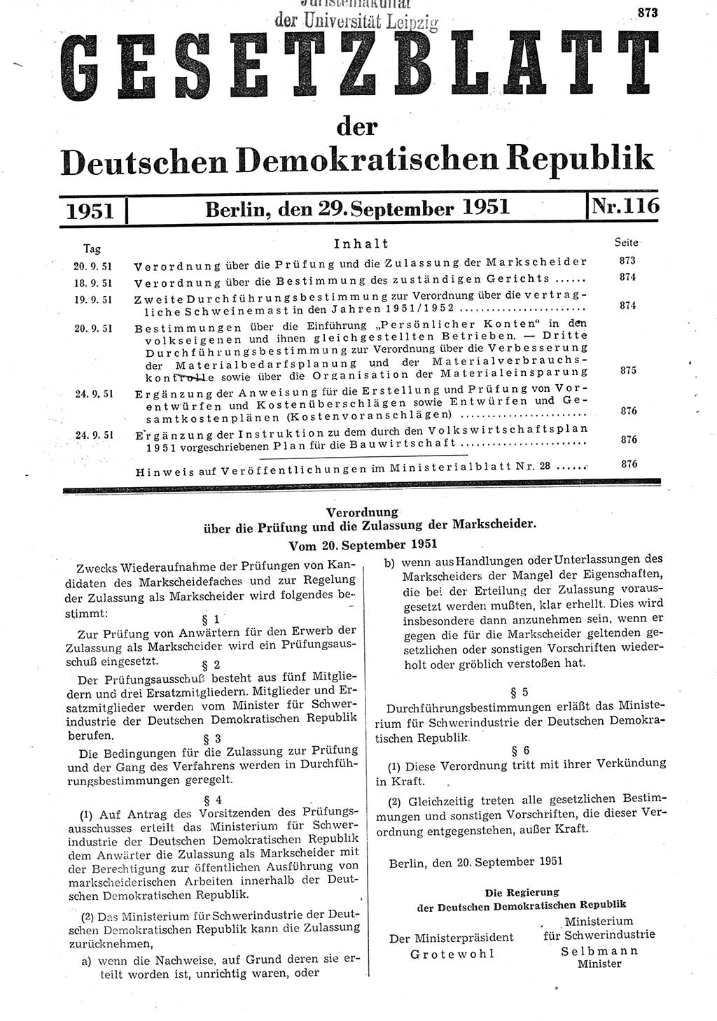 Gesetzblatt (GBl.) der Deutschen Demokratischen Republik (DDR) 1951, Seite 873 (GBl. DDR 1951, S. 873)