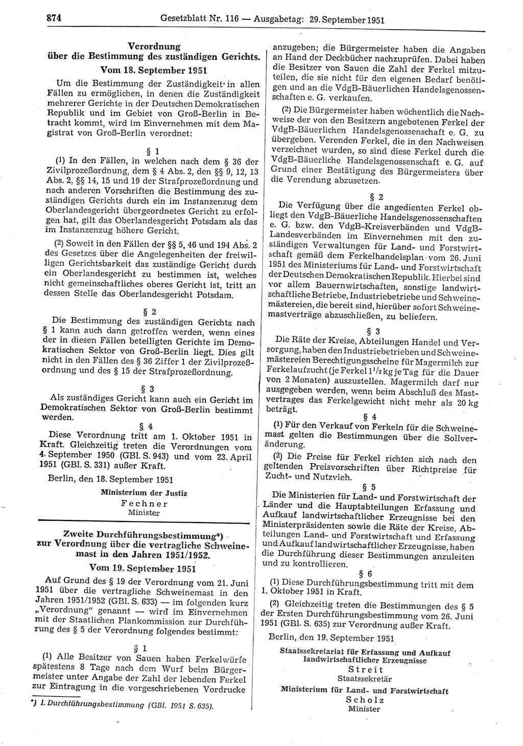 Gesetzblatt (GBl.) der Deutschen Demokratischen Republik (DDR) 1951, Seite 874 (GBl. DDR 1951, S. 874)